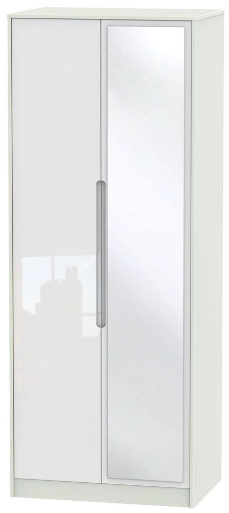 Monaco Wardrobe - 2 Door - 1 Mirror - Tall - White Gloss and Cashmere