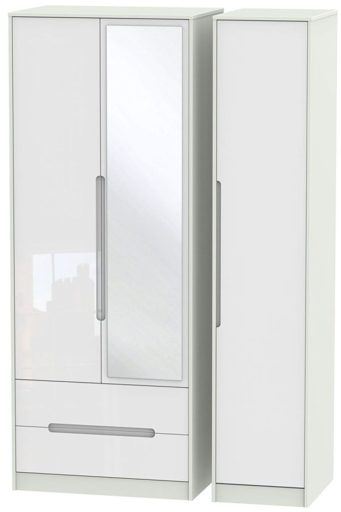 Monaco Wardrobe - 3 Door - 1 Mirror - LHF 2 Drawers - Tall - Combi - White Gloss and Cashmere