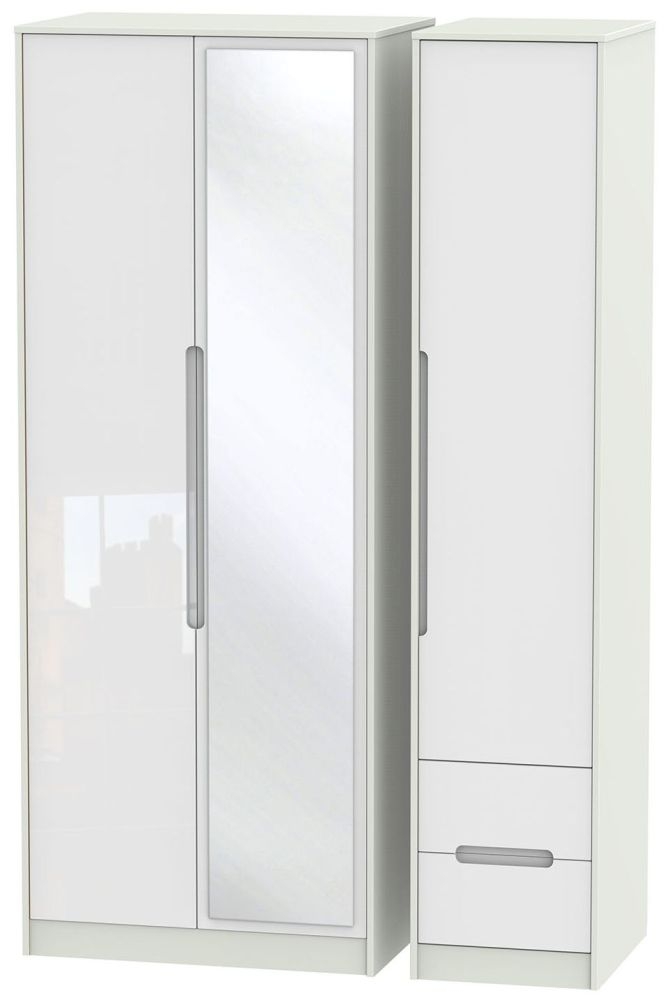 Monaco Wardrobe - 3 Door - 1 Mirror - RHF 2 Drawers - Tall - Combi - White Gloss and Cashmere