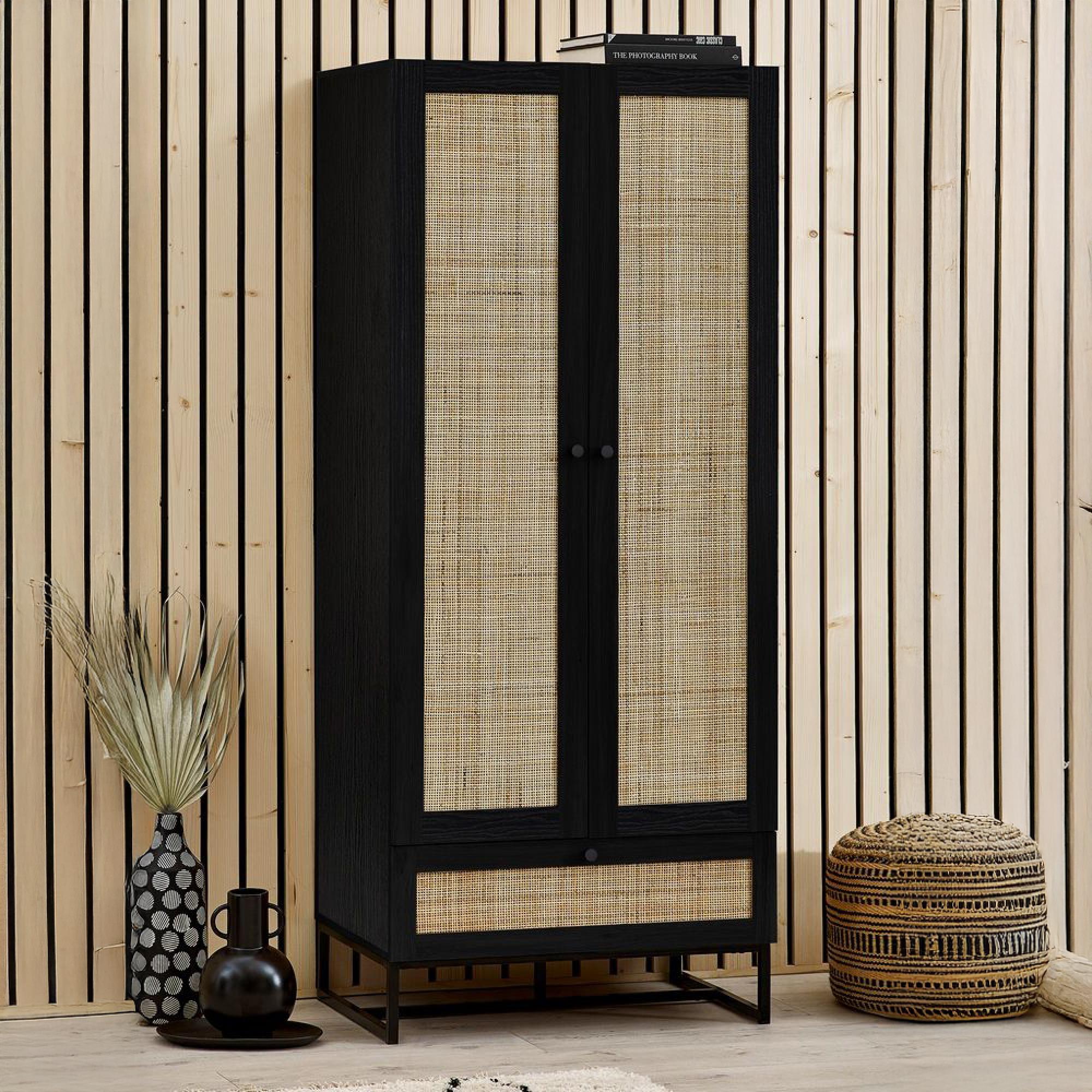 Padstow Double Wardrobe - 2 Door - 1 Drawer - Black and Rattan