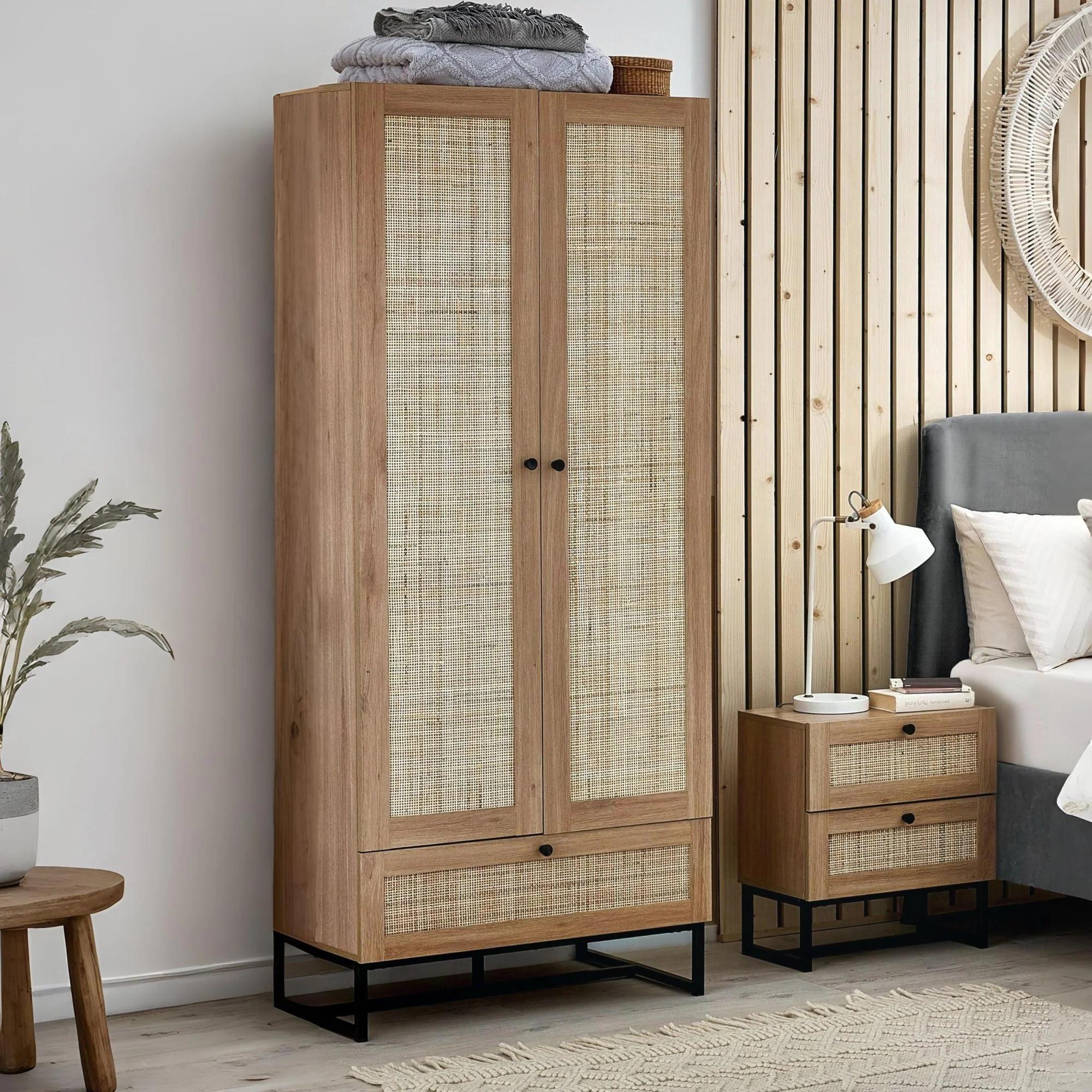 Padstow Double Wardrobe - 2 Door - 1 Drawer - Oak and Rattan