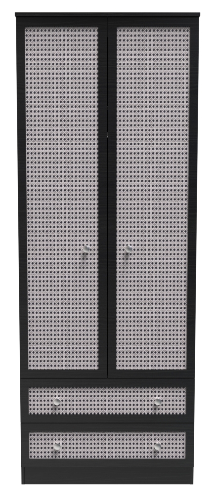 Rattan and Black Ash Wardrobe - 2 Door - 2 Drawer - Double