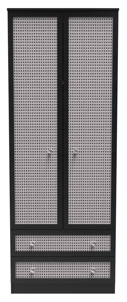 Rattan and Black Ash Wardrobe - 2 Door - 2 Drawer - Tall