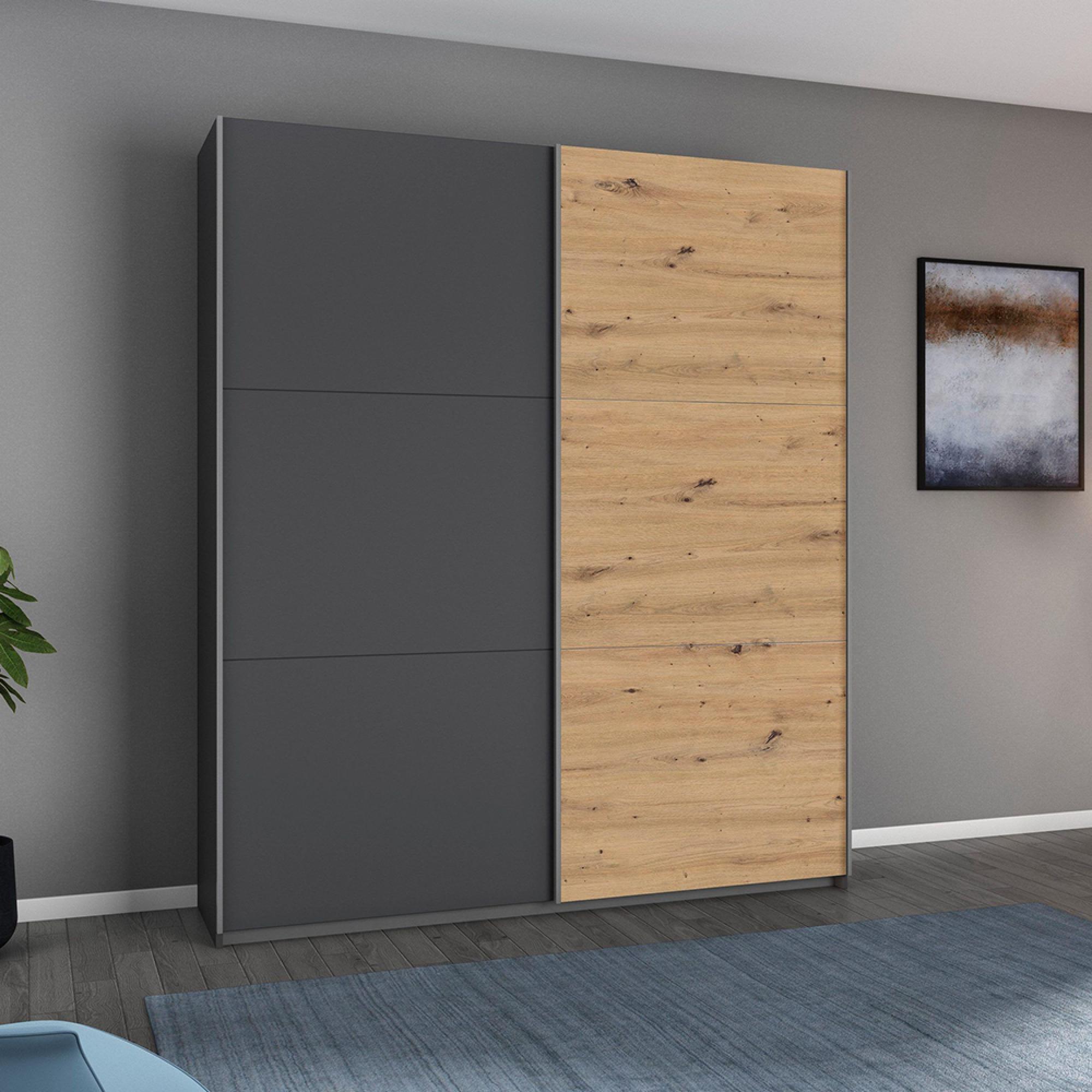 Aurelio Sliding Wardrobe - 175cm - 2 Door - Metallic Grey & Artisan Oak