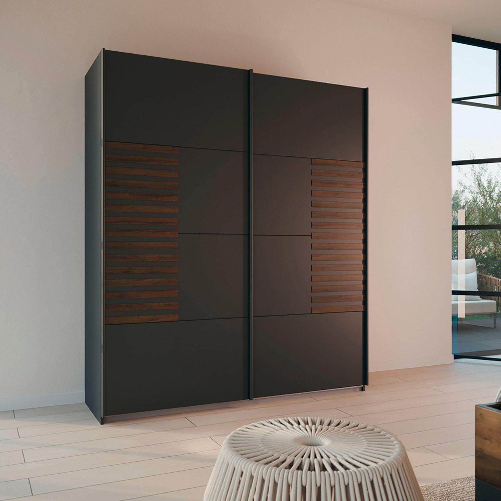 Barea Sliding Wardrobe - 181cm - 2 Door - Metallic Grey & Atlantic Dark Oak