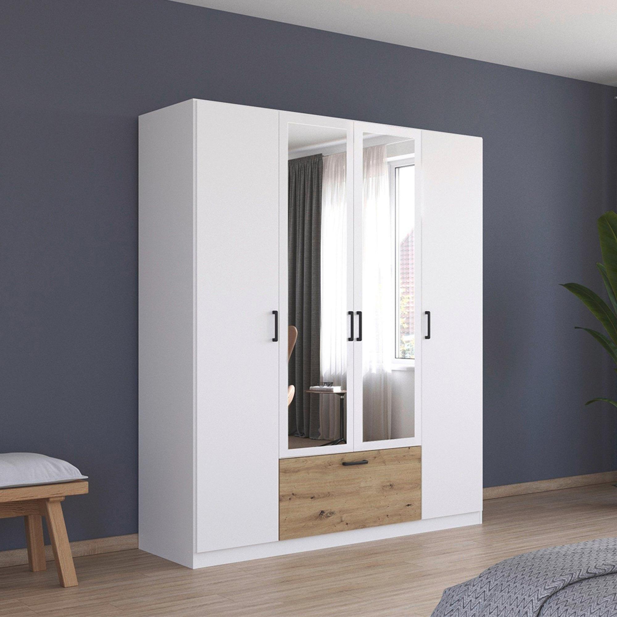 Bari Wardrobe - 181cm - 4 Door - Combi - Alpine White & Artisan Oak