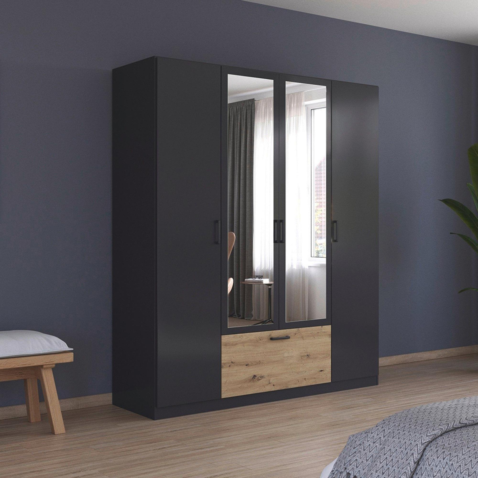 Bari Wardrobe - 181cm - 4 Door - Combi - Metallic Grey & Artisan Oak
