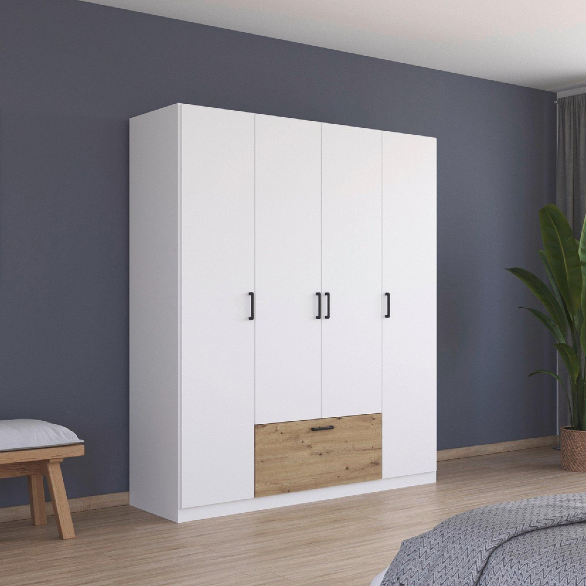 Bari Wardrobe - 181cm - 4 Door - Alpine White & Artisan Oak