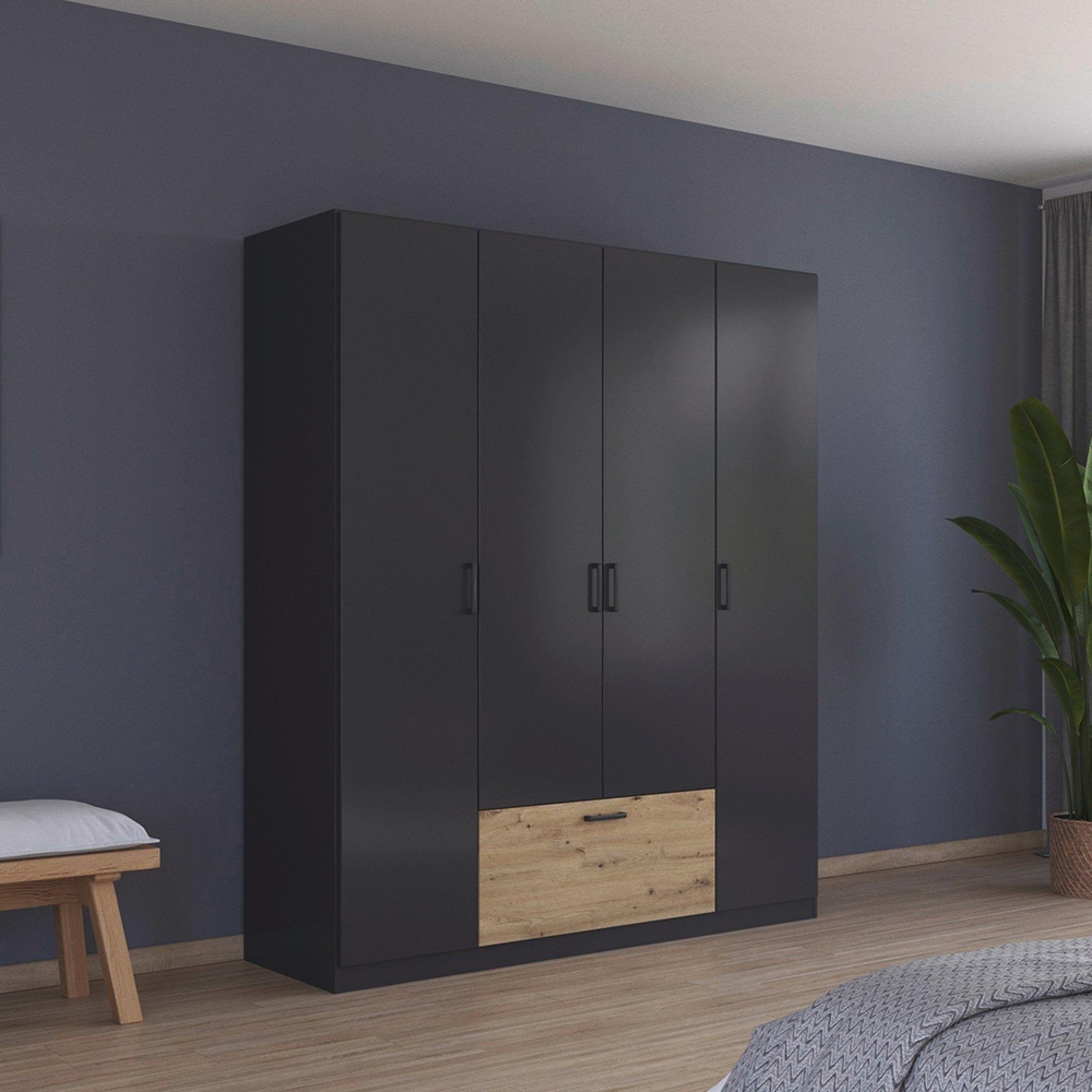 Bari Wardrobe - 181cm - 4 Door - Metallic Grey & Artisan Oak
