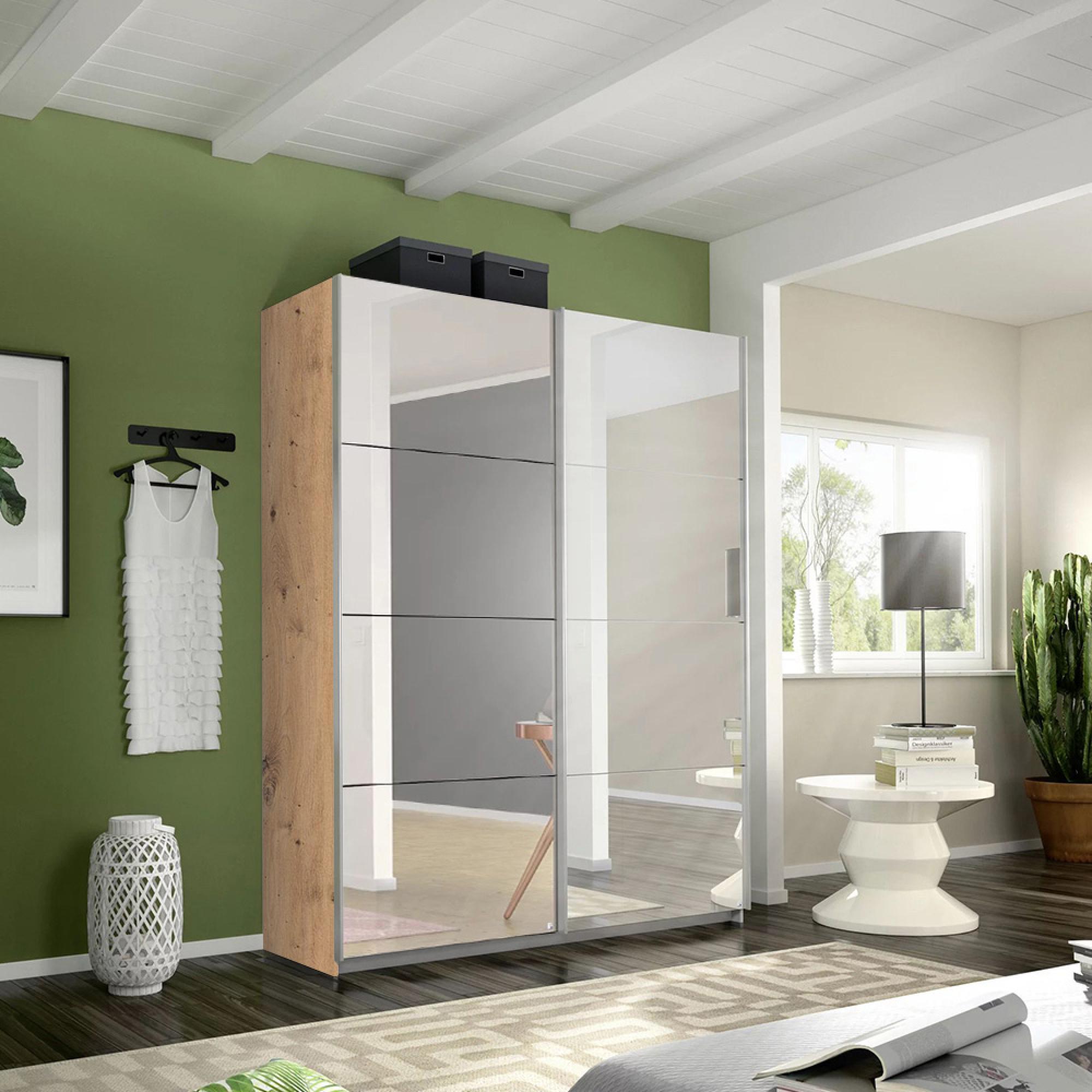 Belluno Sliding Wardrobe - 136cm - 2 Door - Mirrored - Artisan Oak