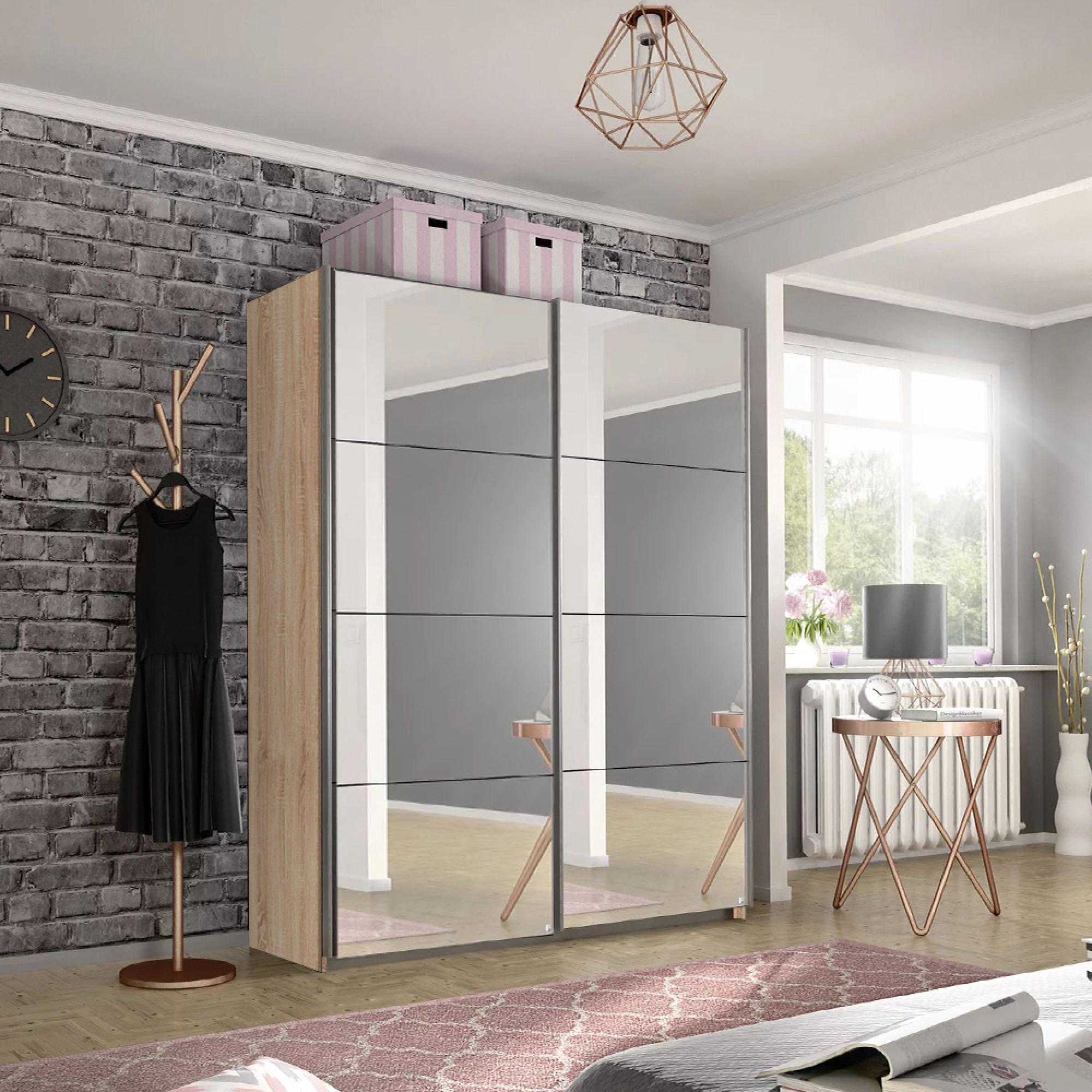 Belluno Sliding Wardrobe - 136cm - 2 Door - Mirrored - Sonoma Oak