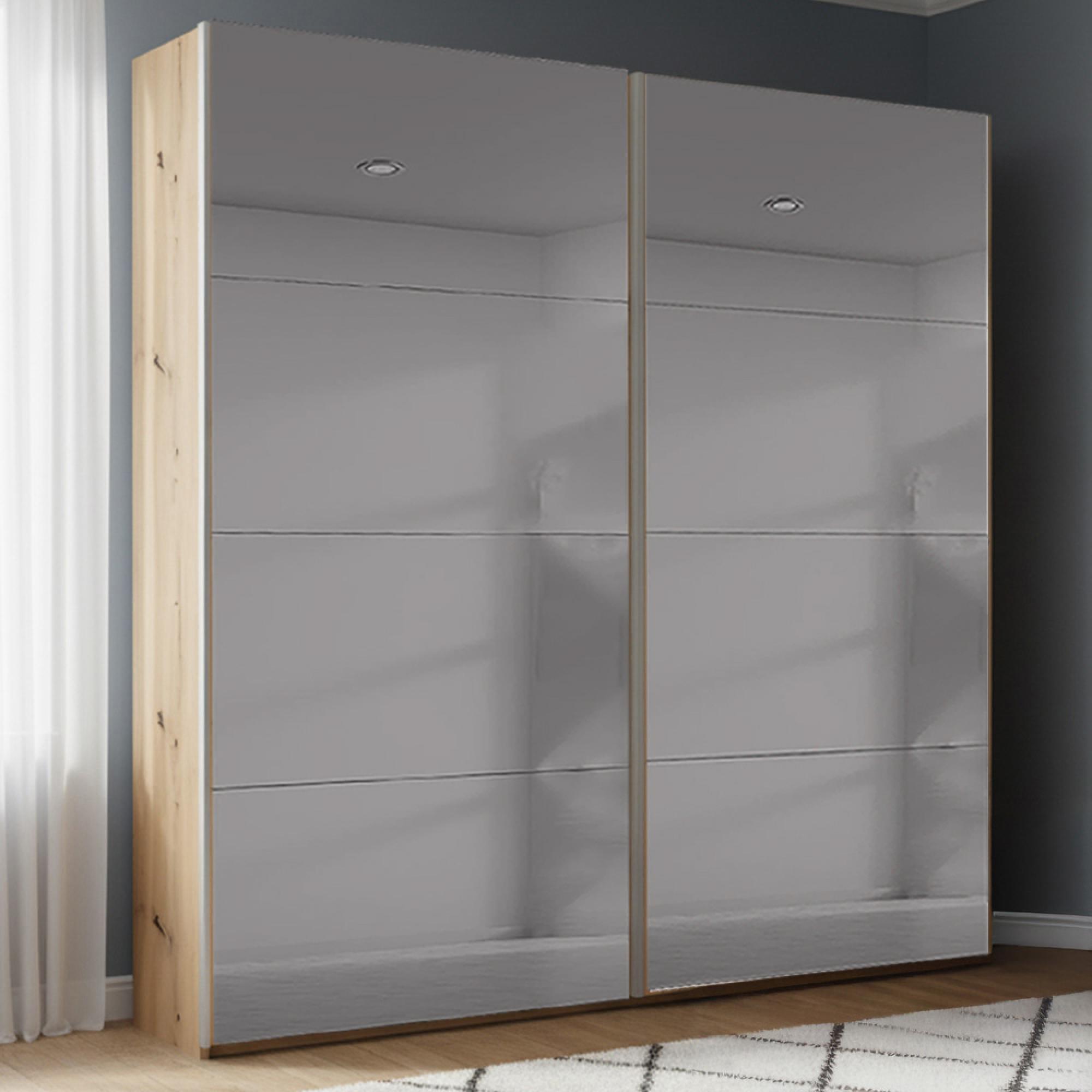 Beluga Extra Sliding Wardrobe - 181cm - 2 Door - Grey Mirrored - Artisan Oak