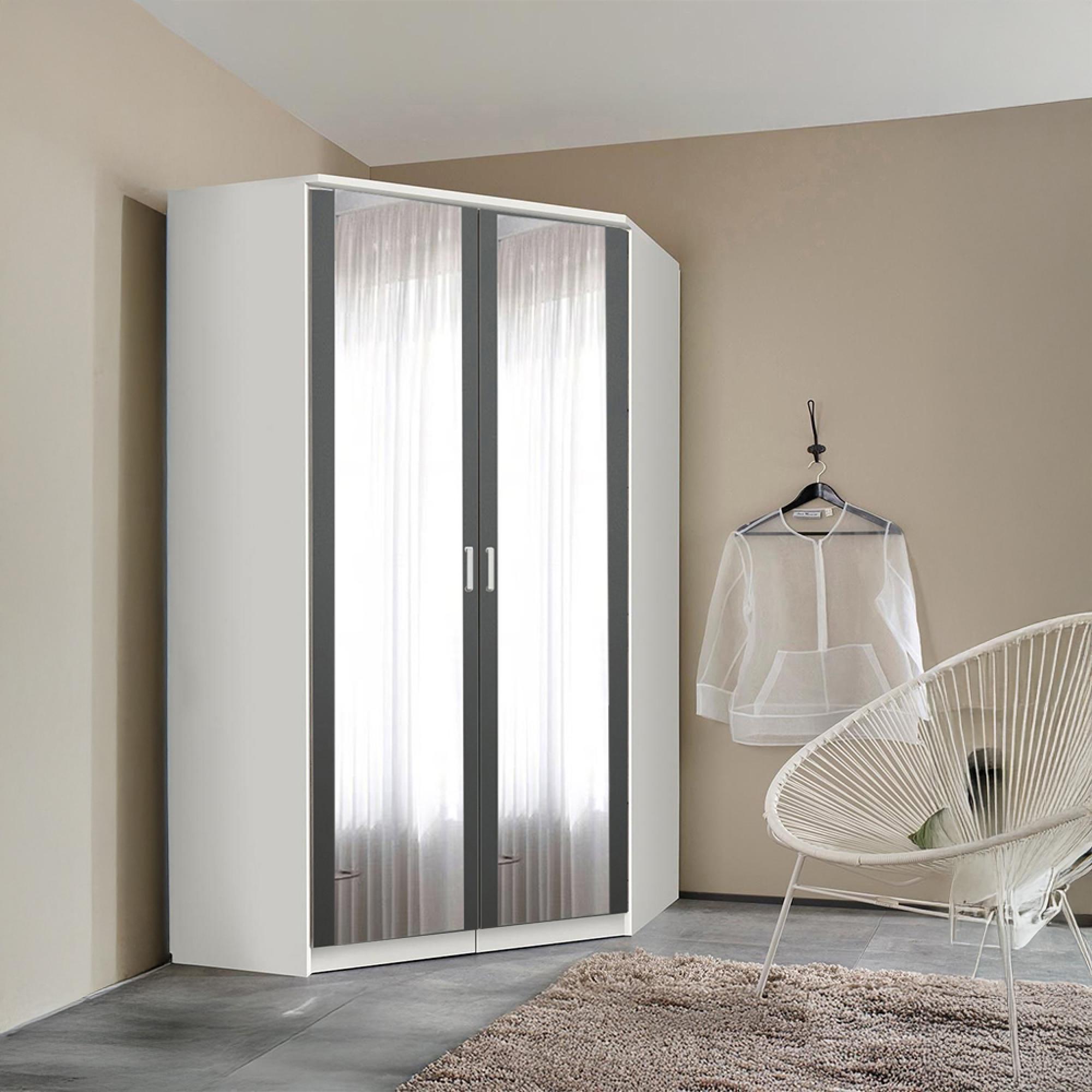 Celle Super Wardrobe - 117cm - 2 Door Corner - Mirror - Alpine White & Metallic Dark Grey
