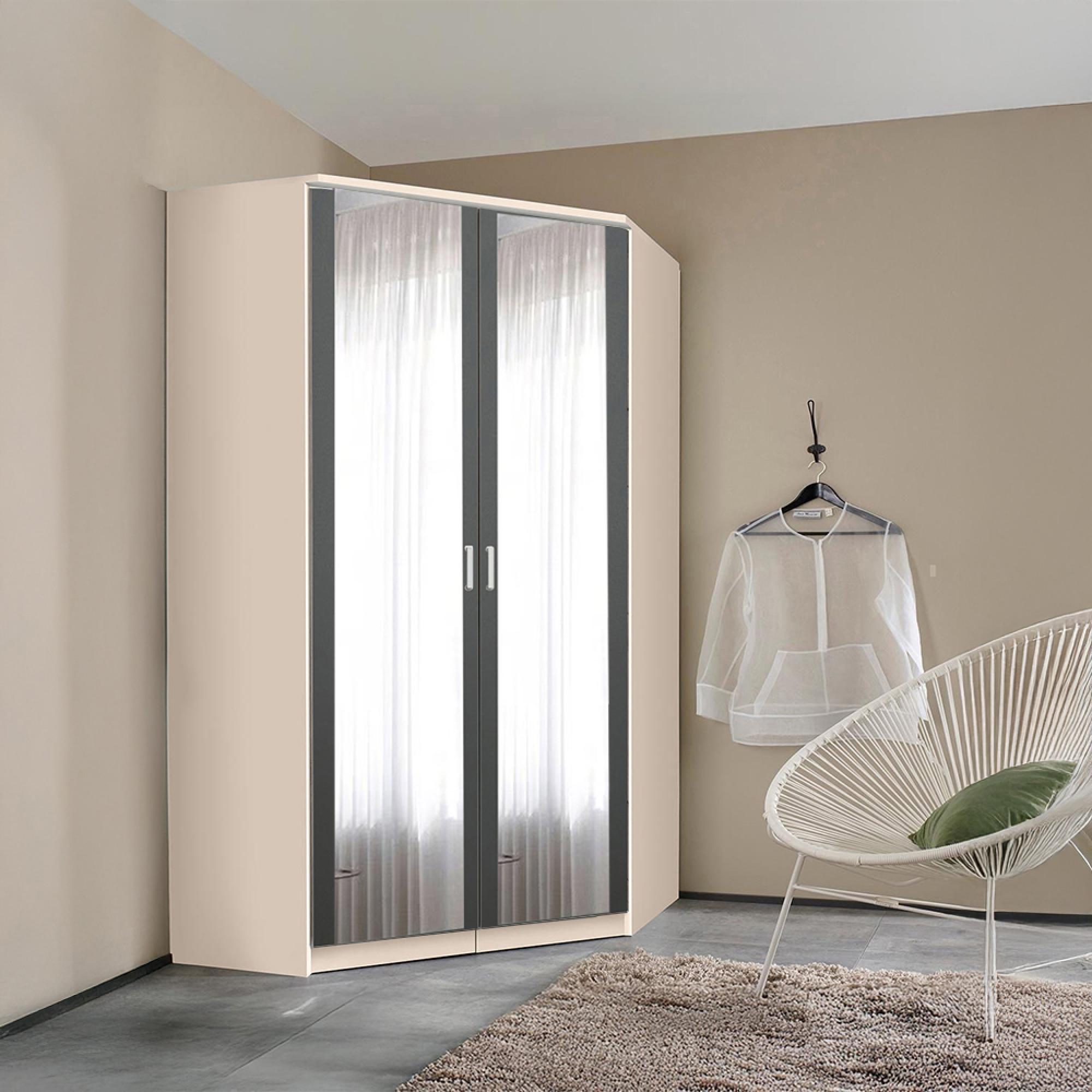 Celle Super Wardrobe - 117cm - 2 Door Corner - Mirror - Champagne & Metallic Dark Grey