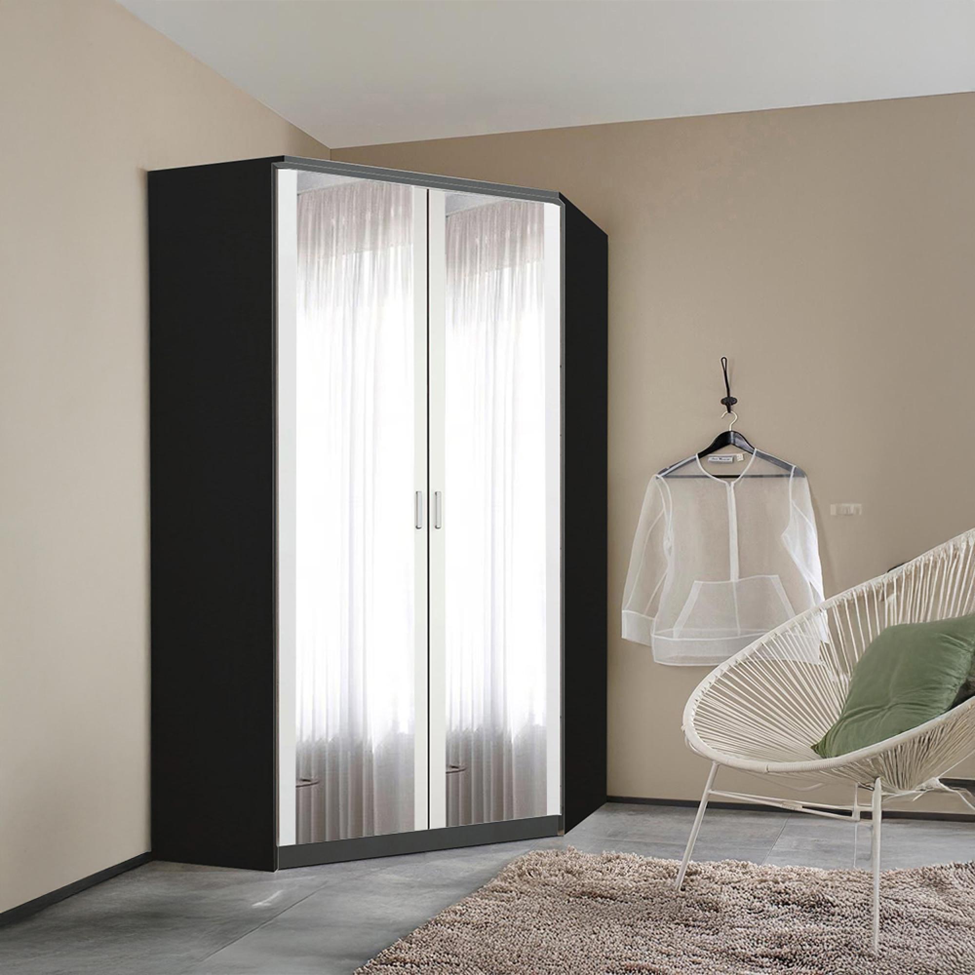 Celle Super Wardrobe - 117cm - 2 Door Corner - Mirror - Metallic Dark Grey & Alpine White