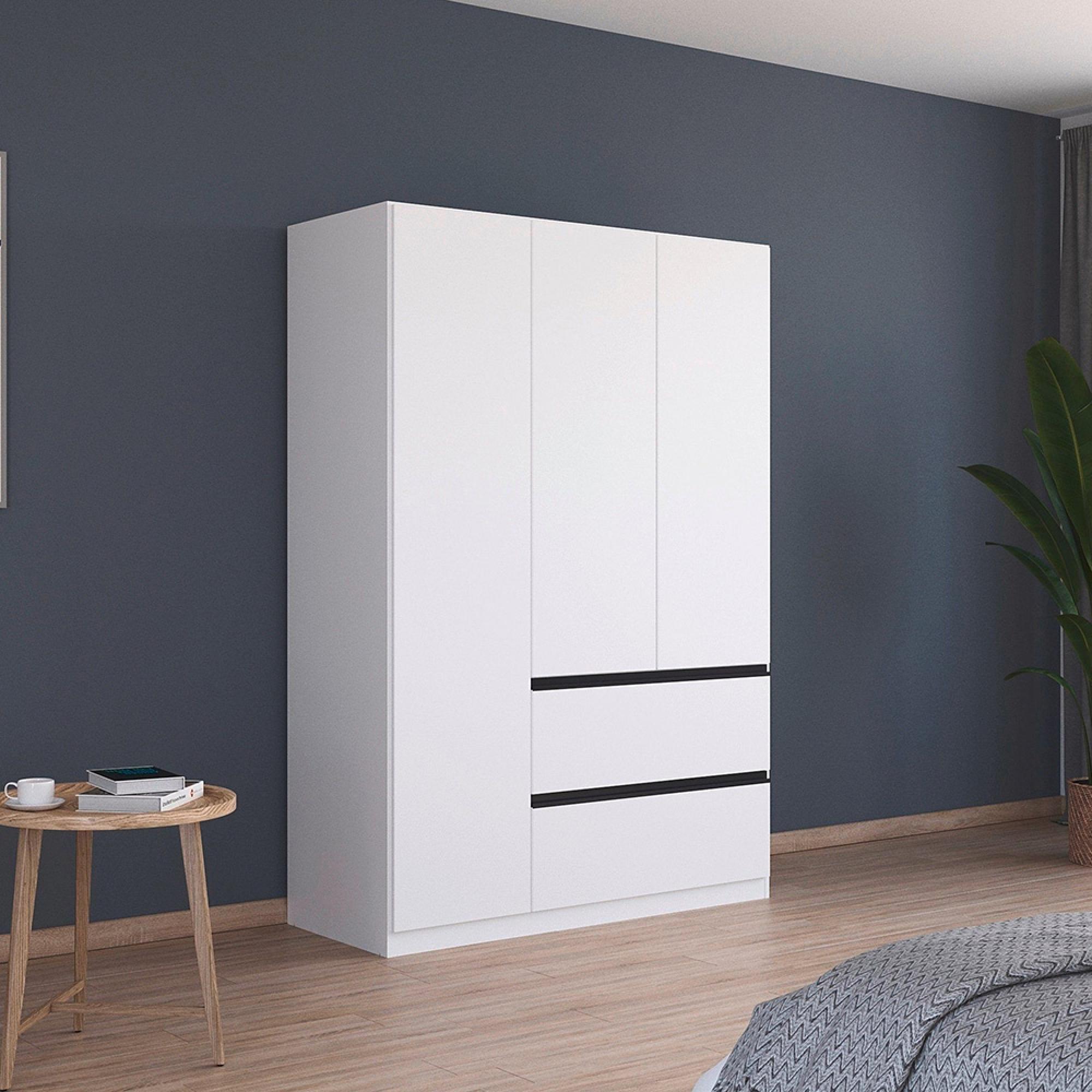 Costa Wardrobe - 136cm - 3 Door - Wardrobe - 2 Drawers & Metallic Dark Grey Handle - Alpine White