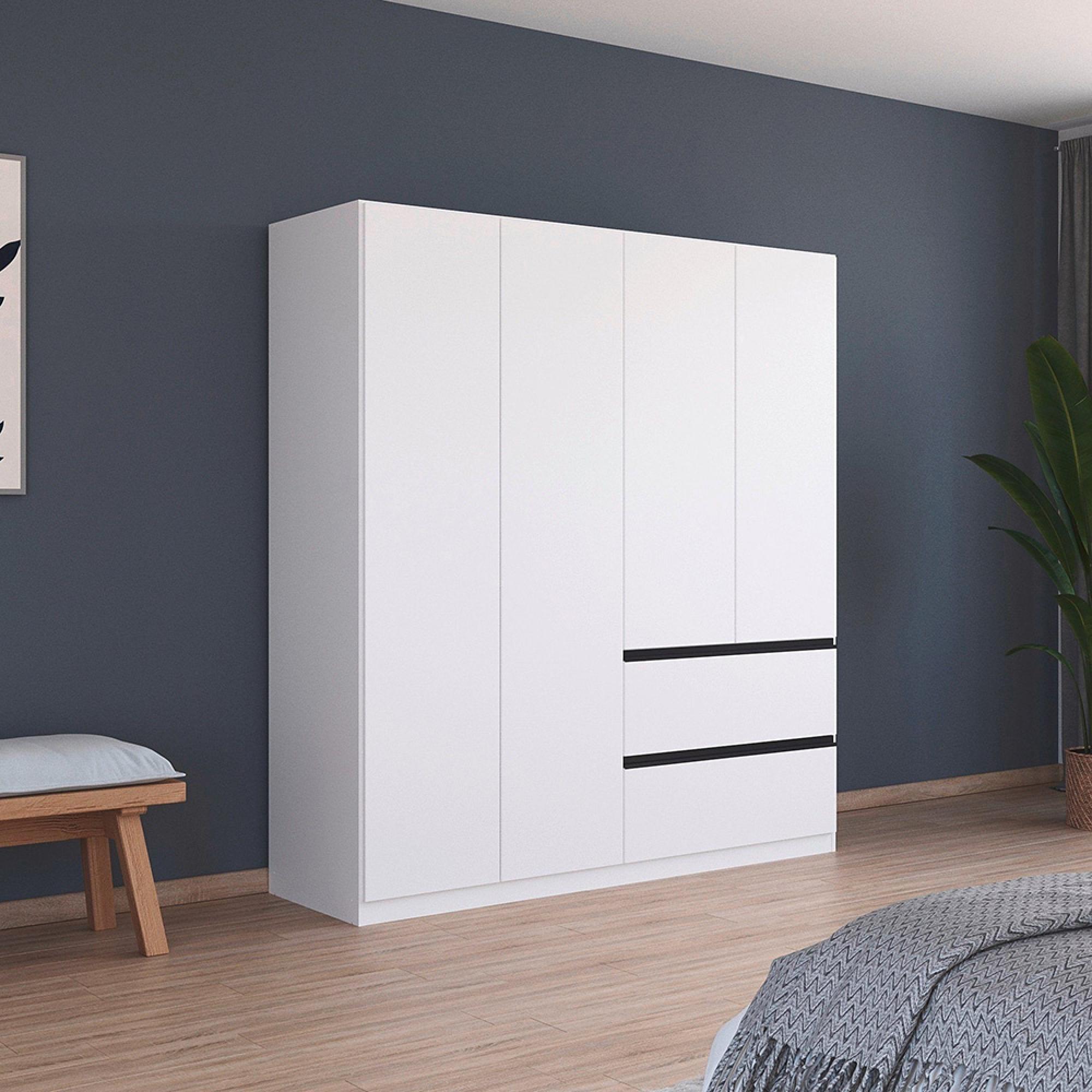 Costa Wardrobe - 181cm - 4 Door - Wardrobe - 2 Drawers & Metallic Dark Grey Handle - Alpine White