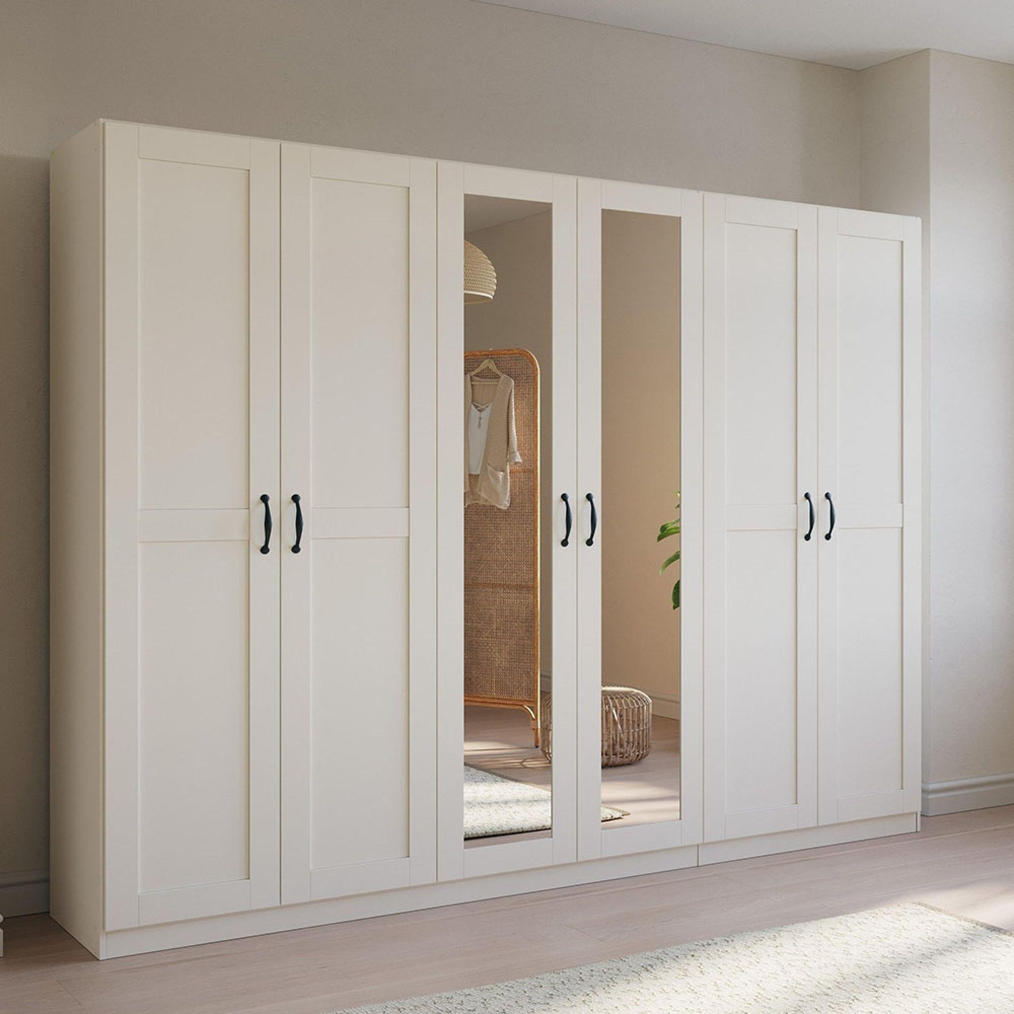 Cottage Wardrobe - 271cm - 6 Door - Mirror - Alpine White