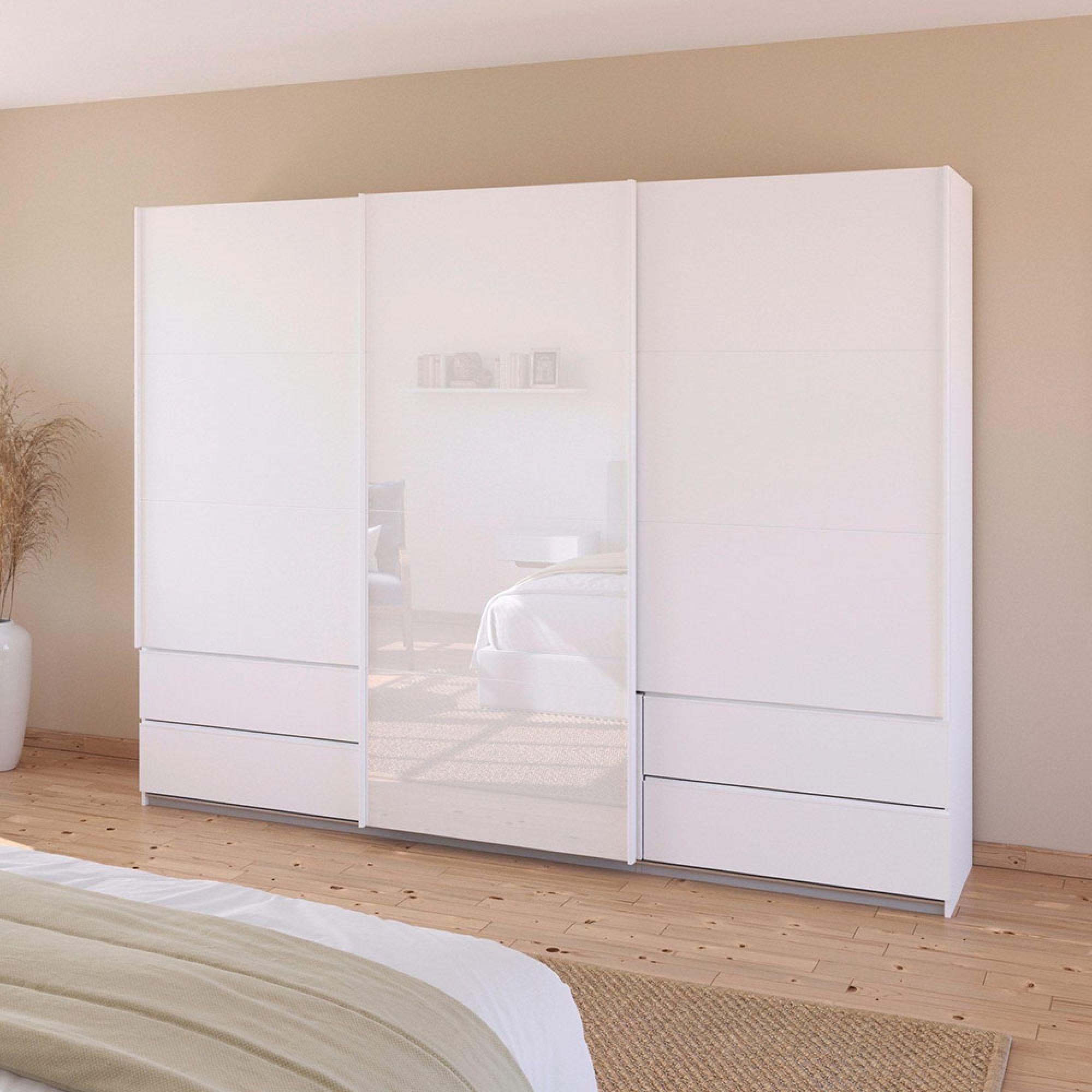 Elara Sliding Wardrobe - 271cm - 3 Door - Combi - Alpine White & White Glass