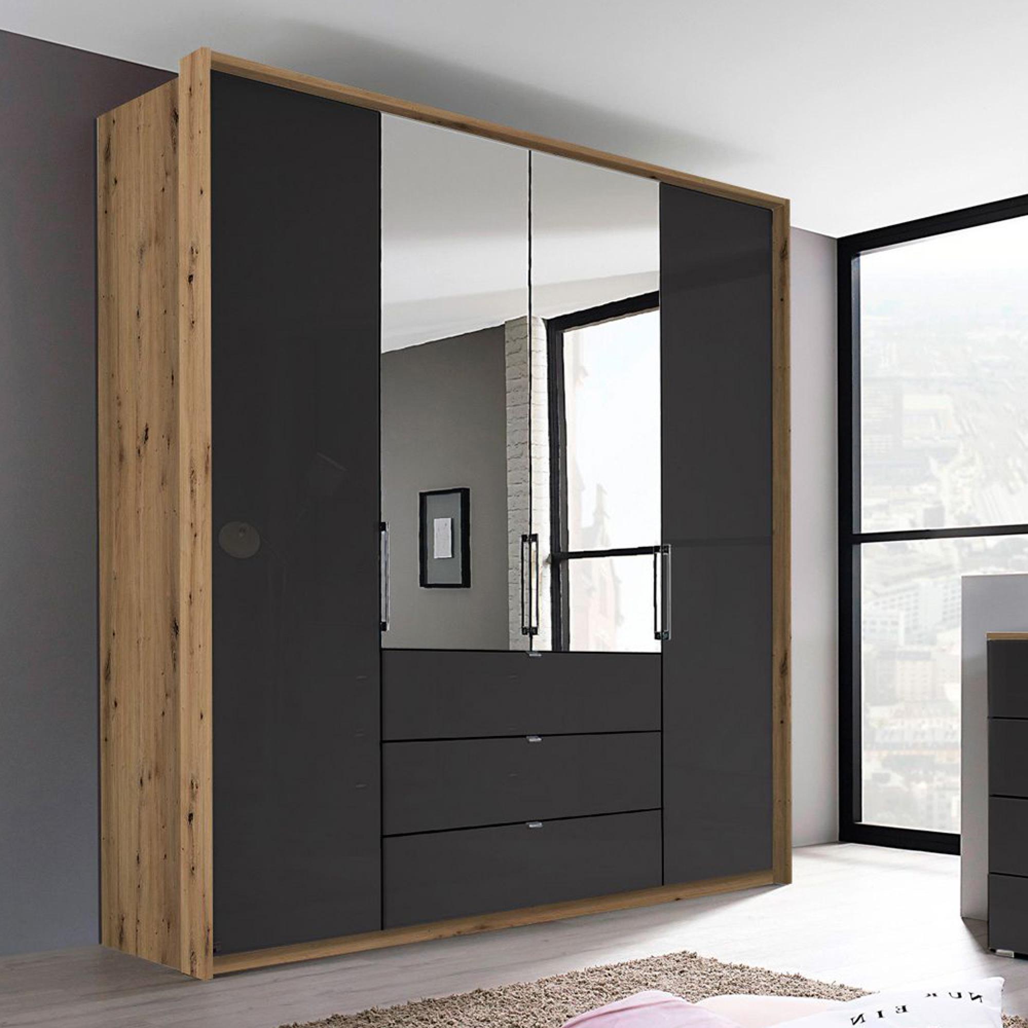 Erimo Wardrobe - 204cm - 4 Door - 3 Drawer - Combi - Artisan Oak & Basalt Glass