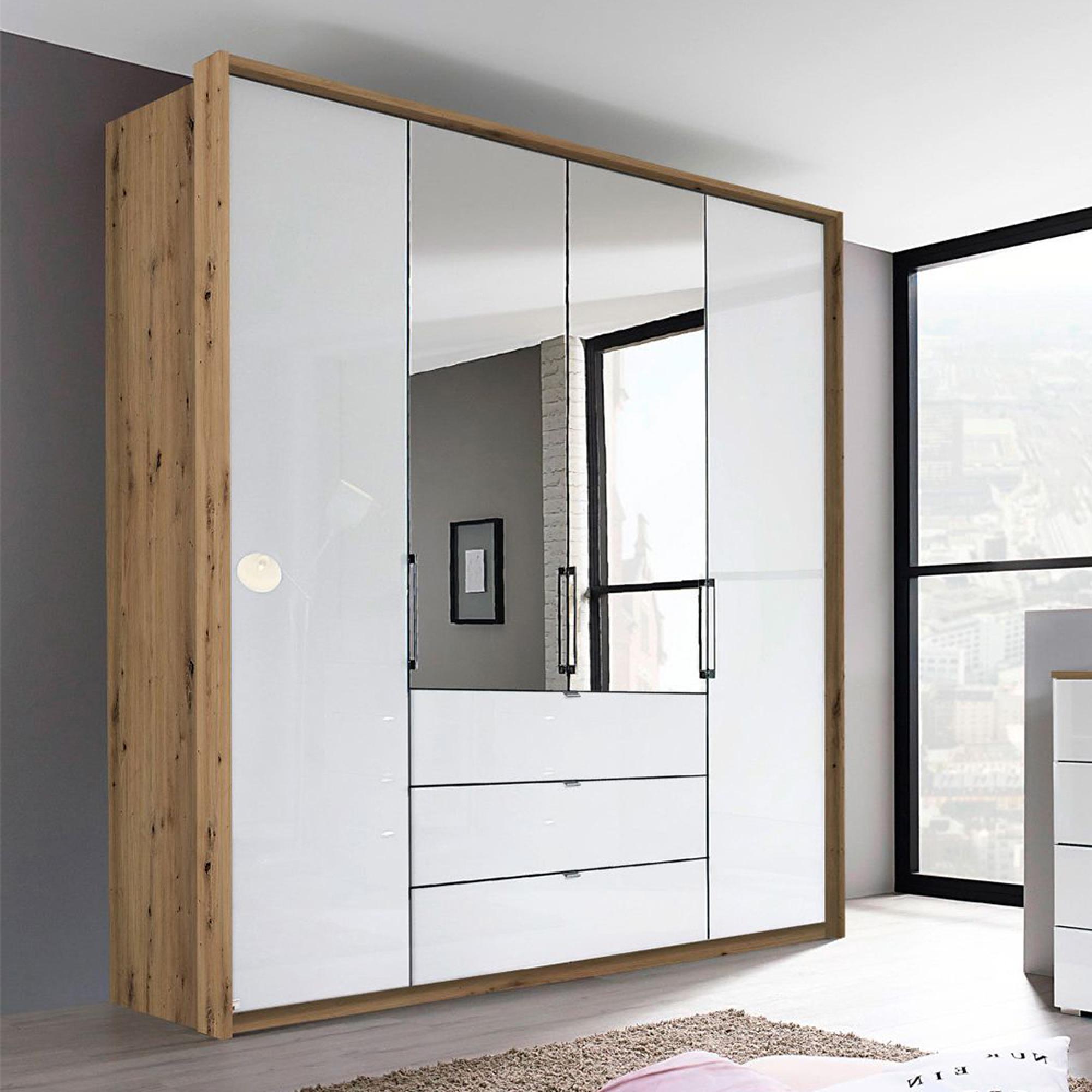 Erimo Wardrobe - 204cm - 4 Door - 3 Drawer - Combi - Artisan Oak & Crystal White Glass