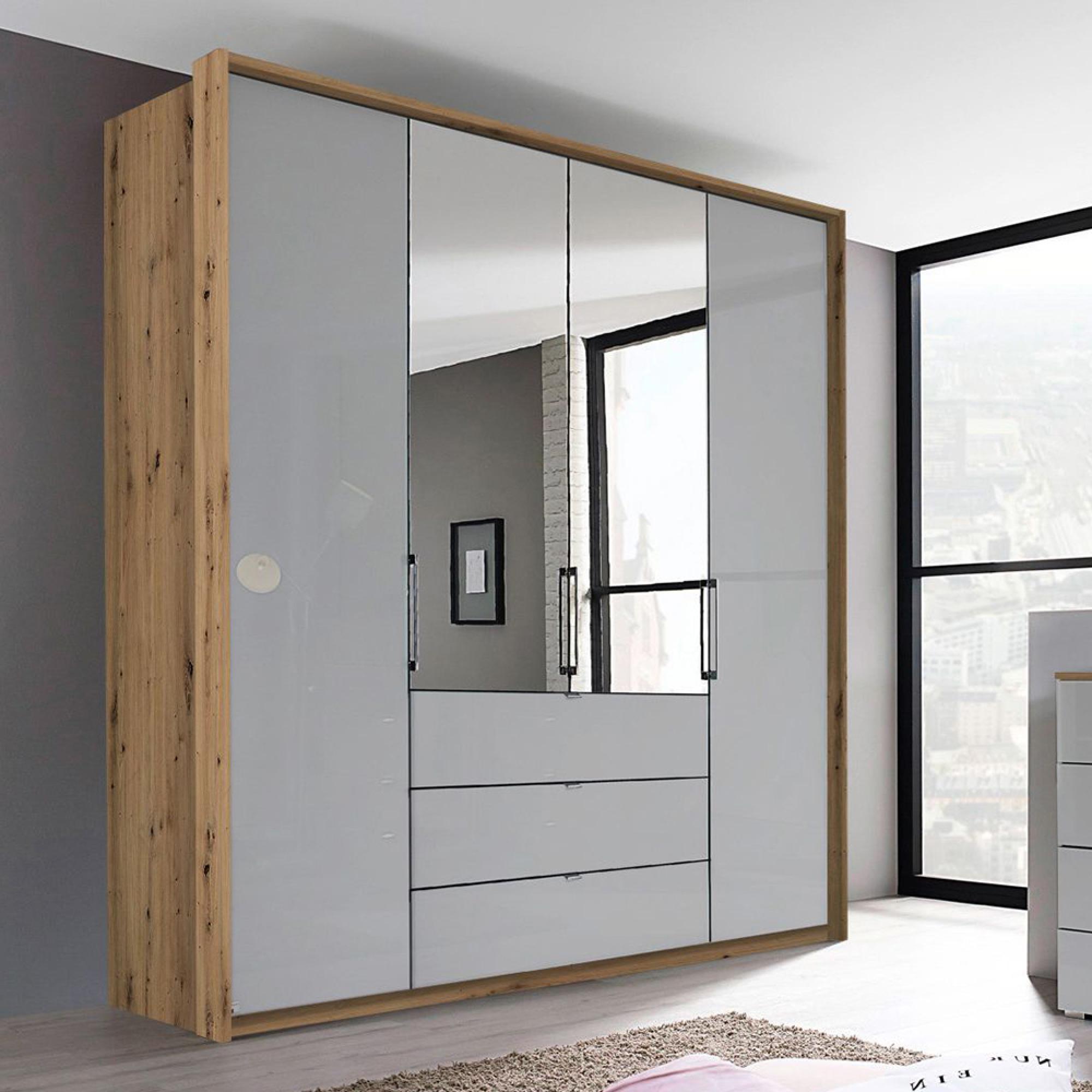 Erimo Wardrobe - 204cm - 4 Door - 3 Drawer - Combi - Artisan Oak & Silk Grey Glass