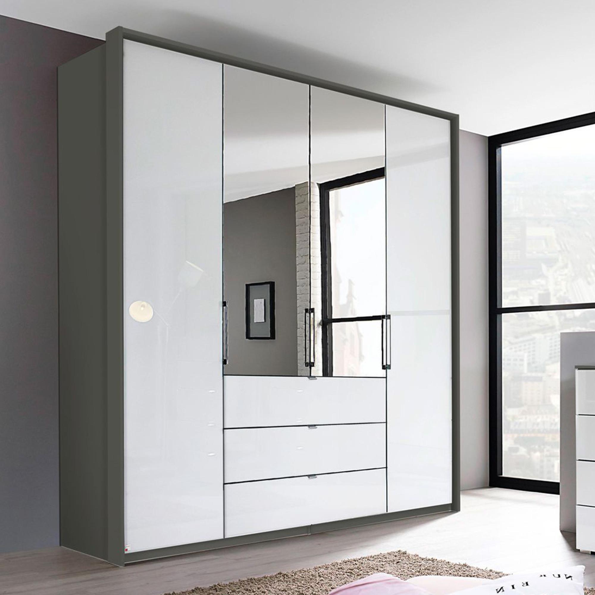 Erimo Wardrobe - 204cm - 4 Door - 3 Drawer - Combi - Graphite & Crystal White Glass
