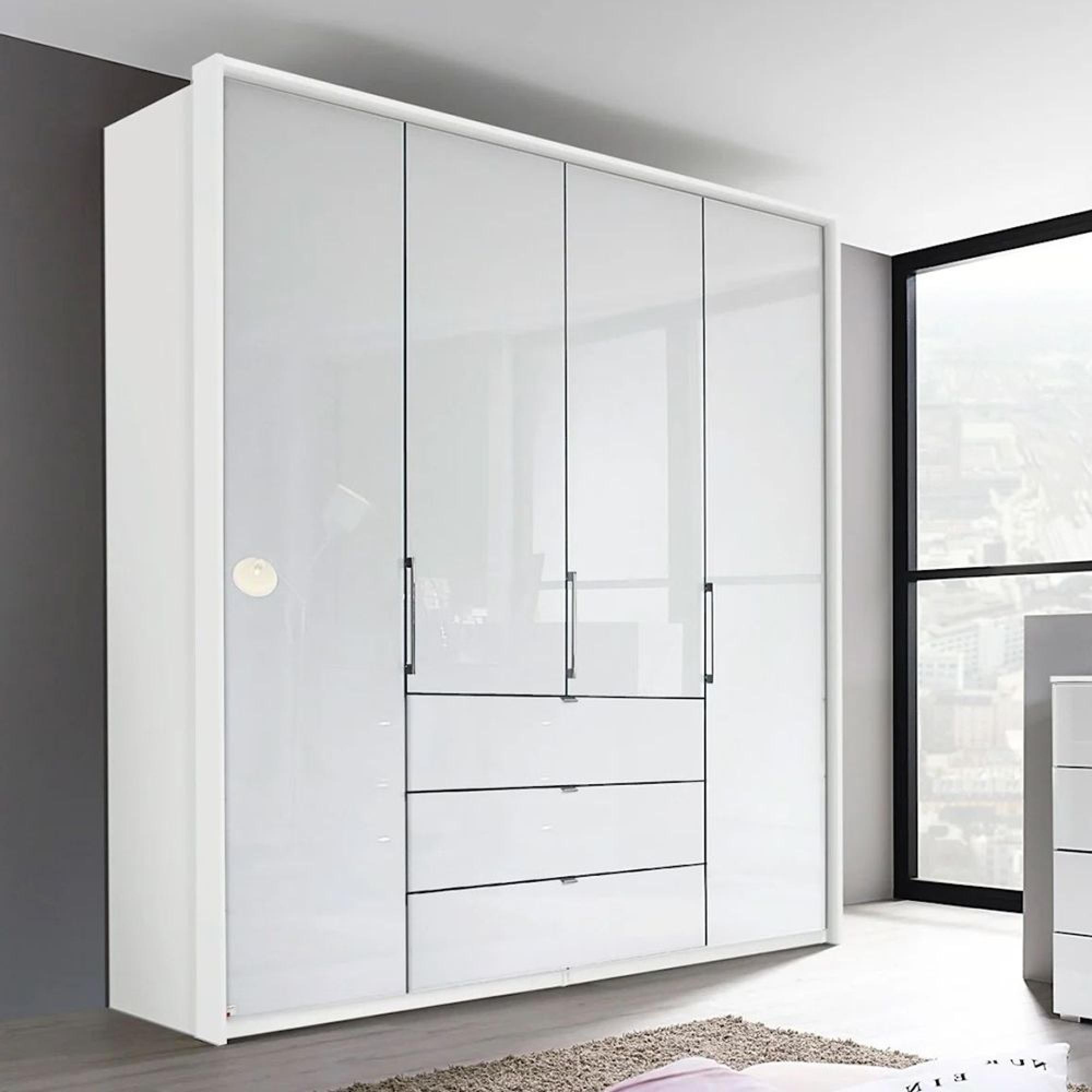 Erimo Wardrobe - 204cm - 4 Door - 3 Drawer - Alpine White & Crystal White Glass