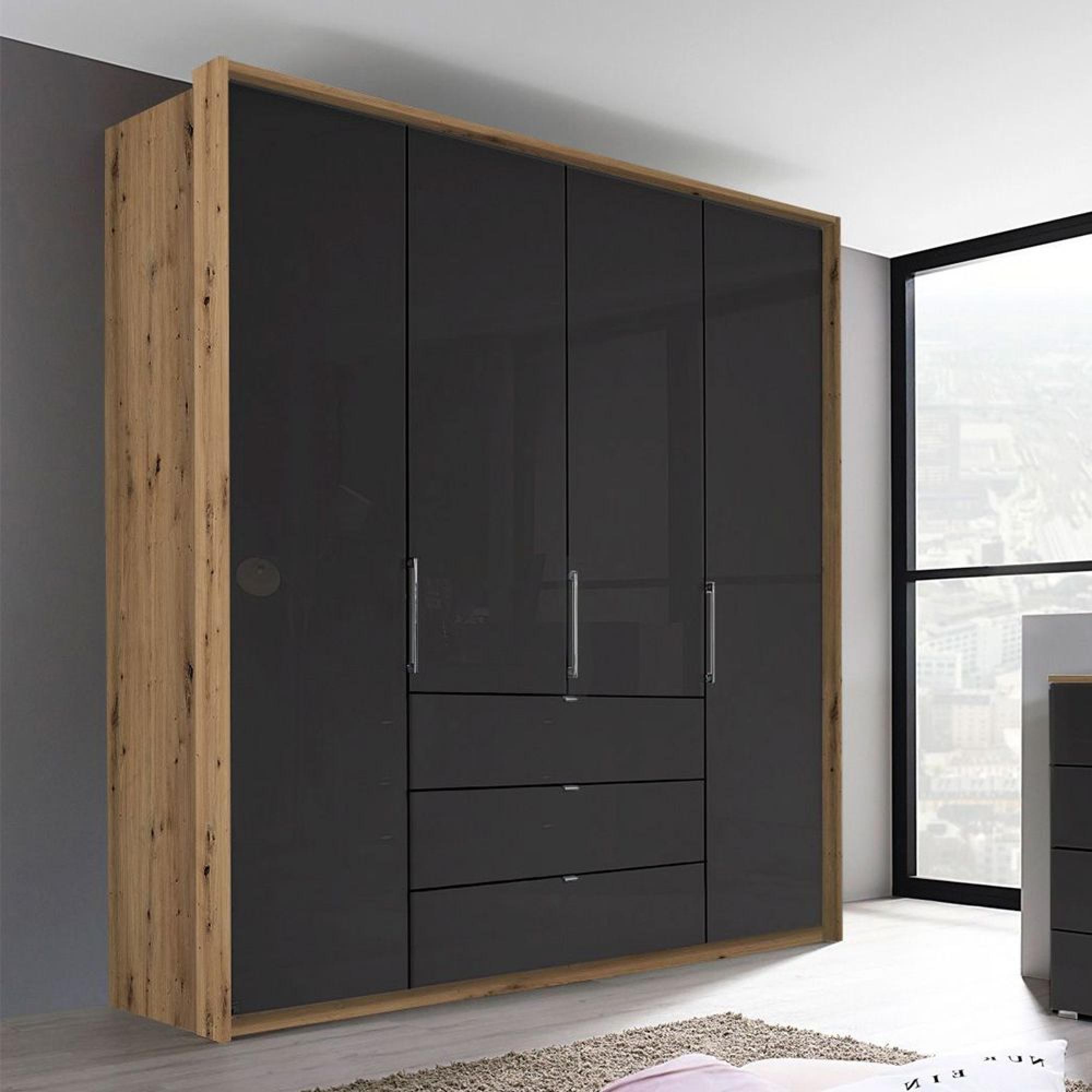 Erimo Wardrobe - 204cm - 4 Door - 3 Drawer - Artisan Oak & Basalt Glass