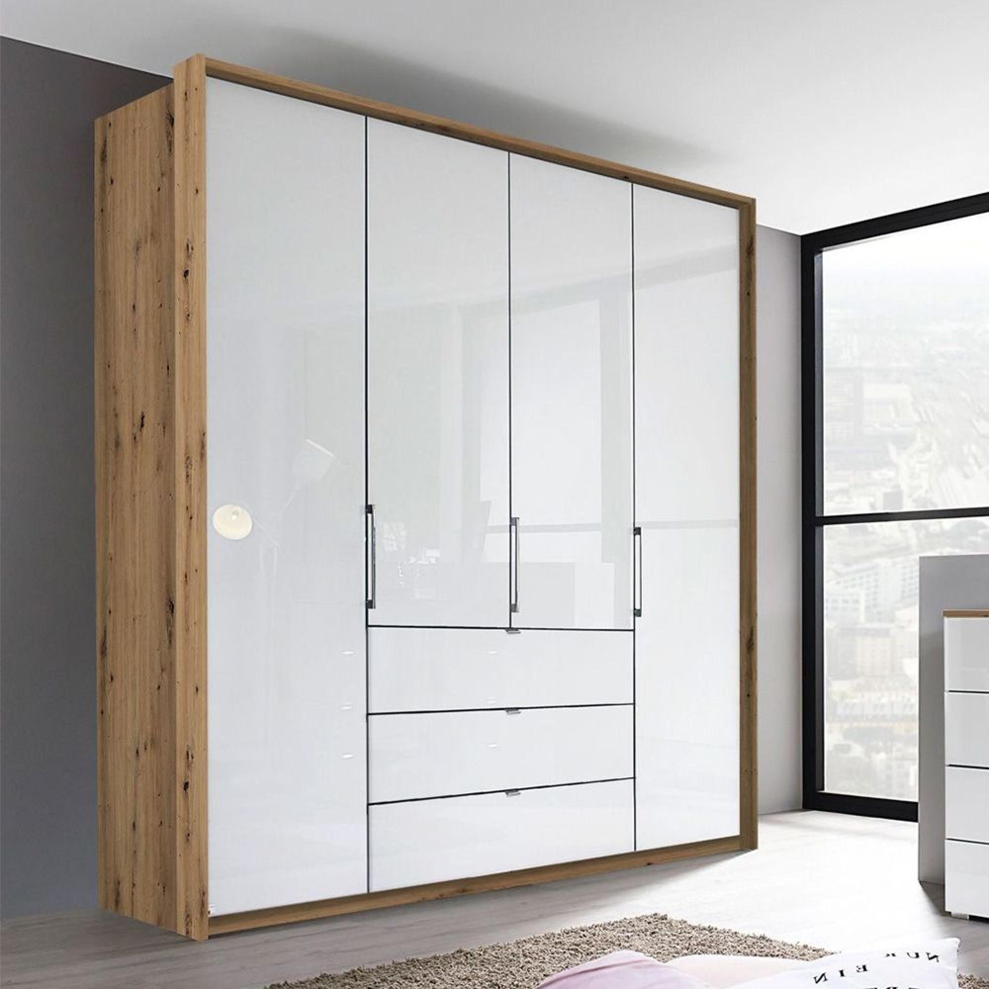 Erimo Wardrobe - 204cm - 4 Door - 3 Drawer - Artisan Oak & Crystal White Glass