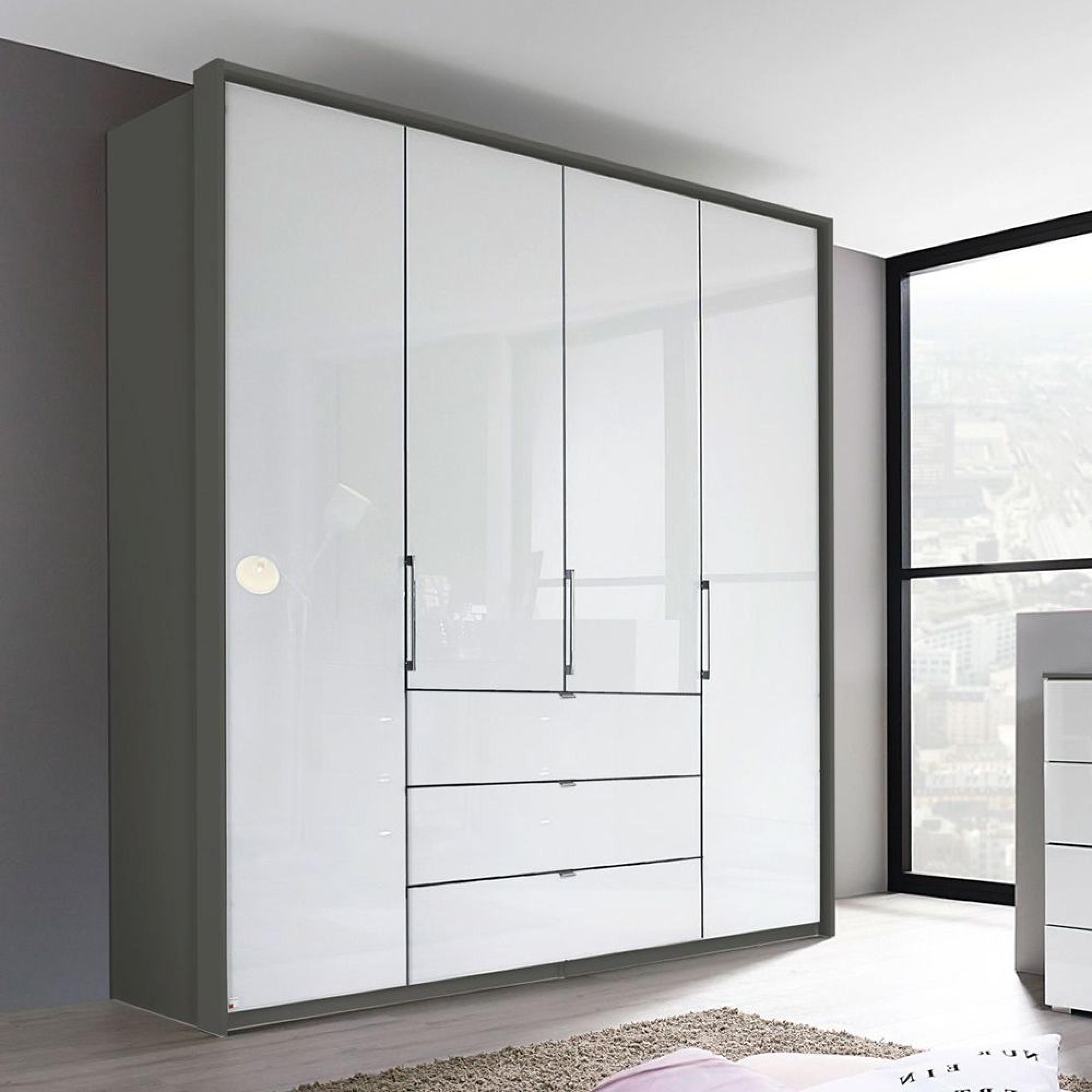 Erimo Wardrobe - 204cm - 4 Door - 3 Drawer - Graphite & Crystal White Glass