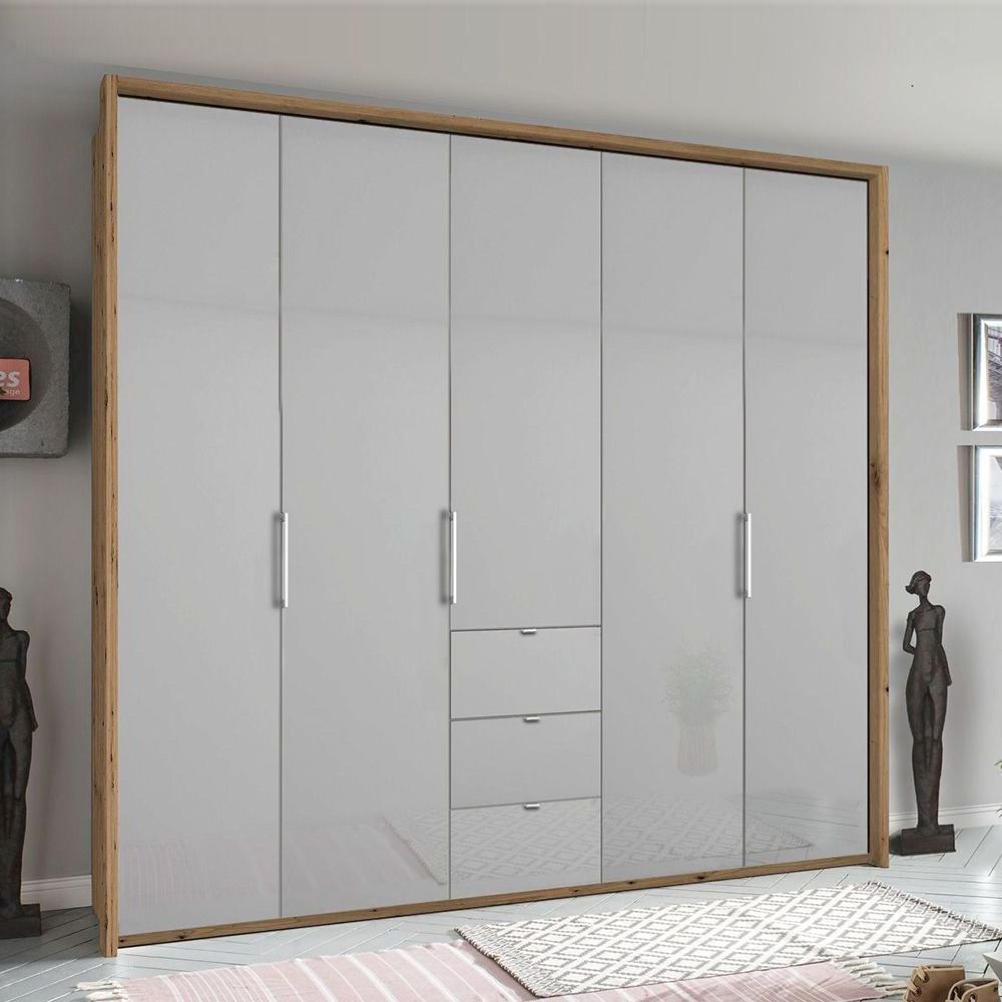 Erimo Wardrobe - 254cm - 5 Door - 3 Drawer - Artisan Oak & Silk Grey Glass