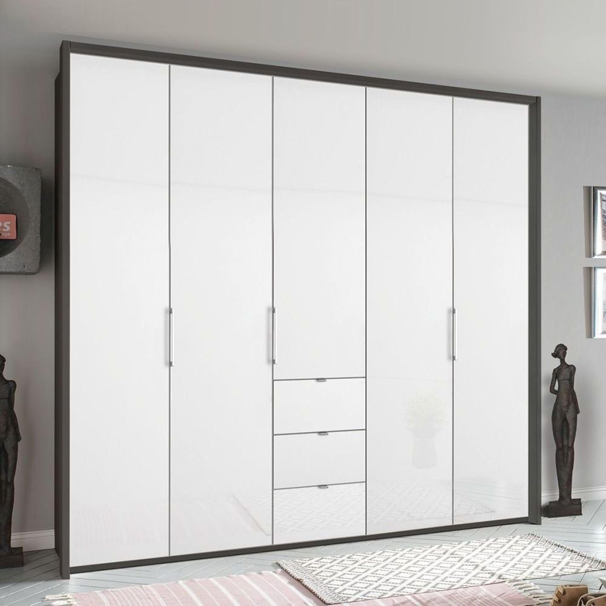 Erimo Wardrobe - 254cm - 5 Door - 3 Drawer - Graphite & Crystal White Glass