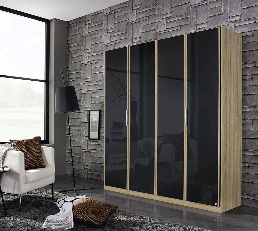 Essensa Wardrobe - 181cm - 4 Door - Basalt Glass - Oak Carcase