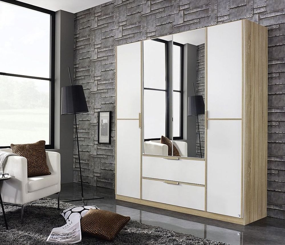 Essensa Wardrobe - 181cm - 4 Door - Combi - White - Oak Carcase