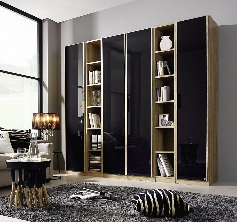 Essensa L Shaped Wardrobe - 251cm - 4 Door - Basalt Glass - Oak Carcase