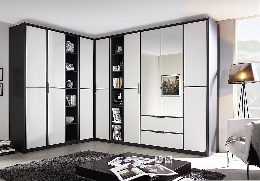 Essensa L Shaped Wardrobe - 438cm - 8 Door - White - Metallic Grey Carcase