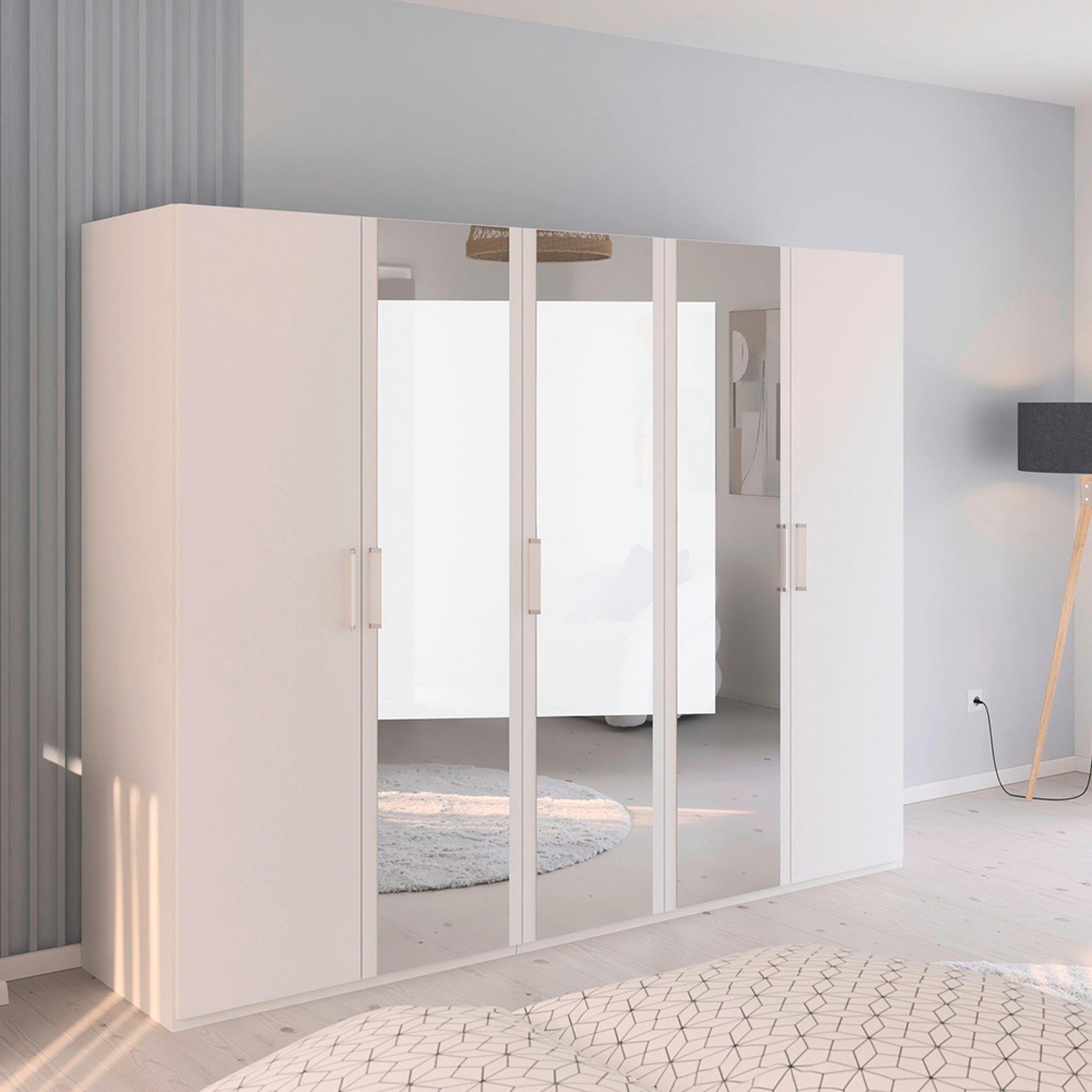 Evelyn Mirror Wardrobe - 251cm - 5 Door - H 197cm - Alpine White