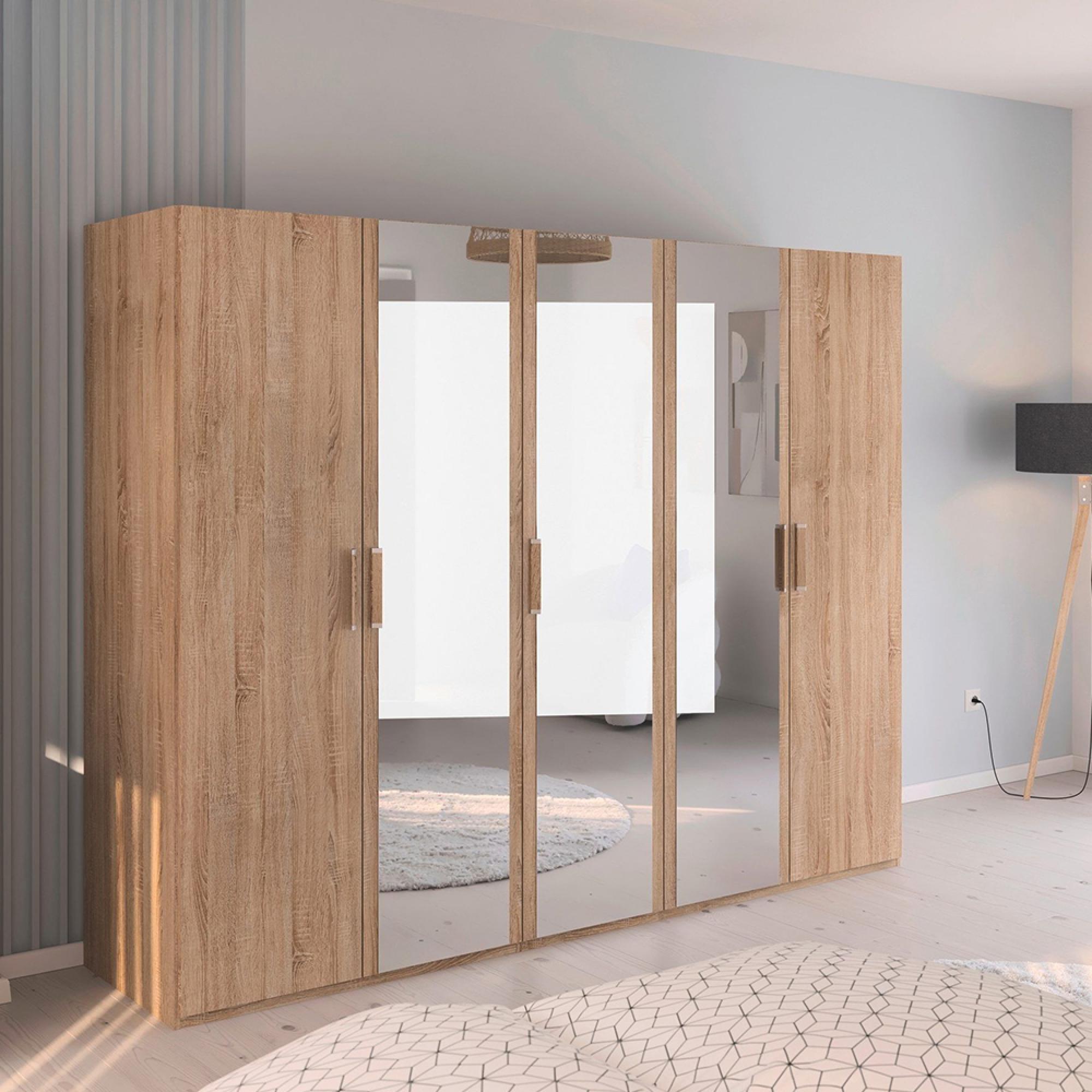 Evelyn Mirror Wardrobe - 251cm - 5 Door - H 197cm - Sonoma Oak