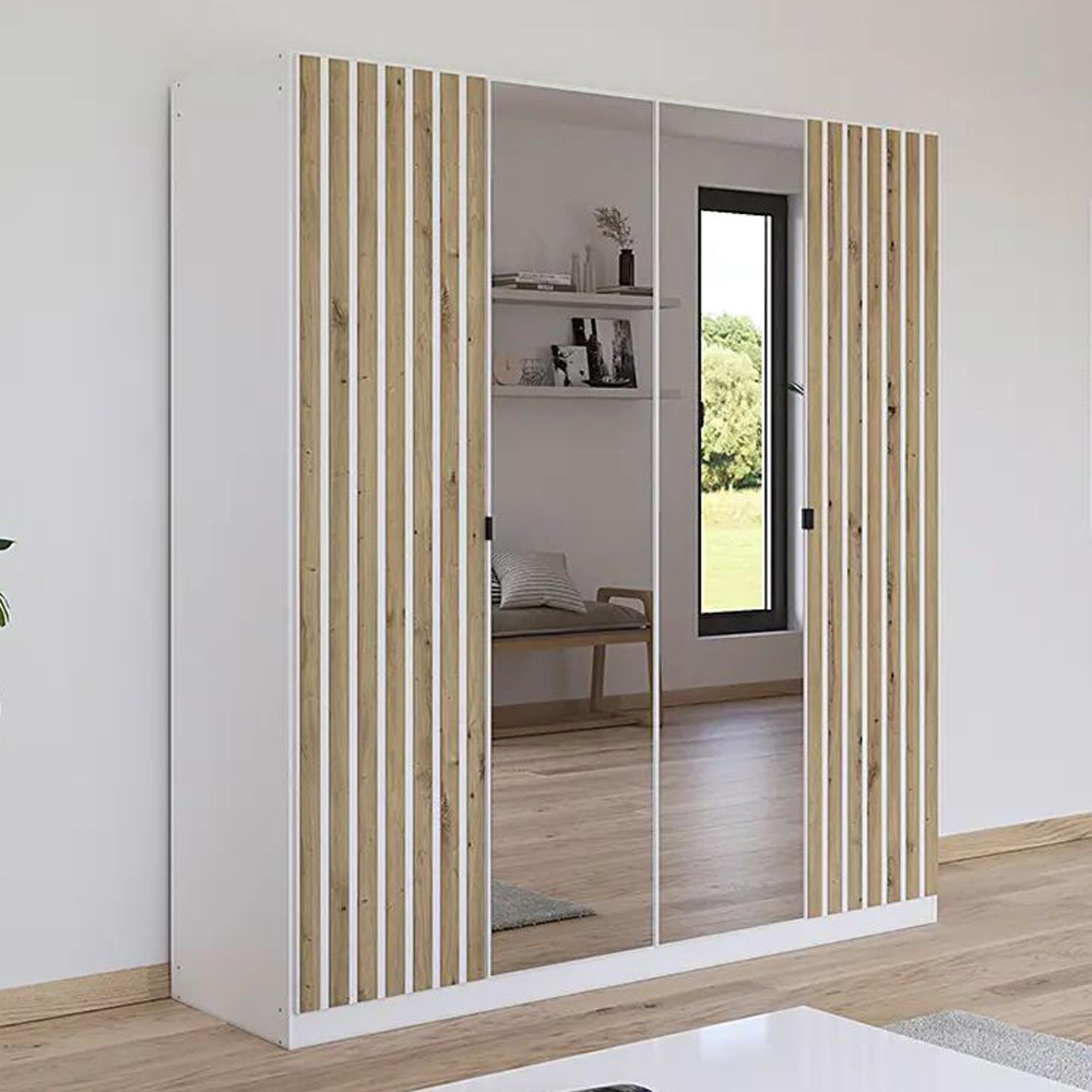 Genua Mirror Wardrobe - 181cm - 4 Door - Alpine White & Artisan Oak