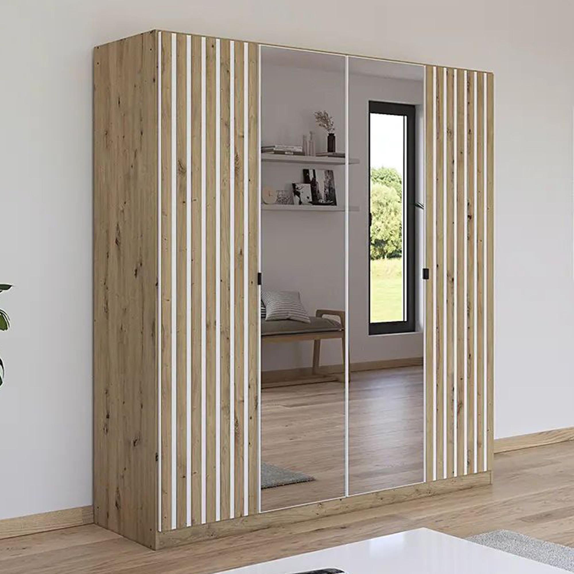 Genua Mirror Wardrobe - 181cm - 4 Door - Artisan Oak & Alpine White