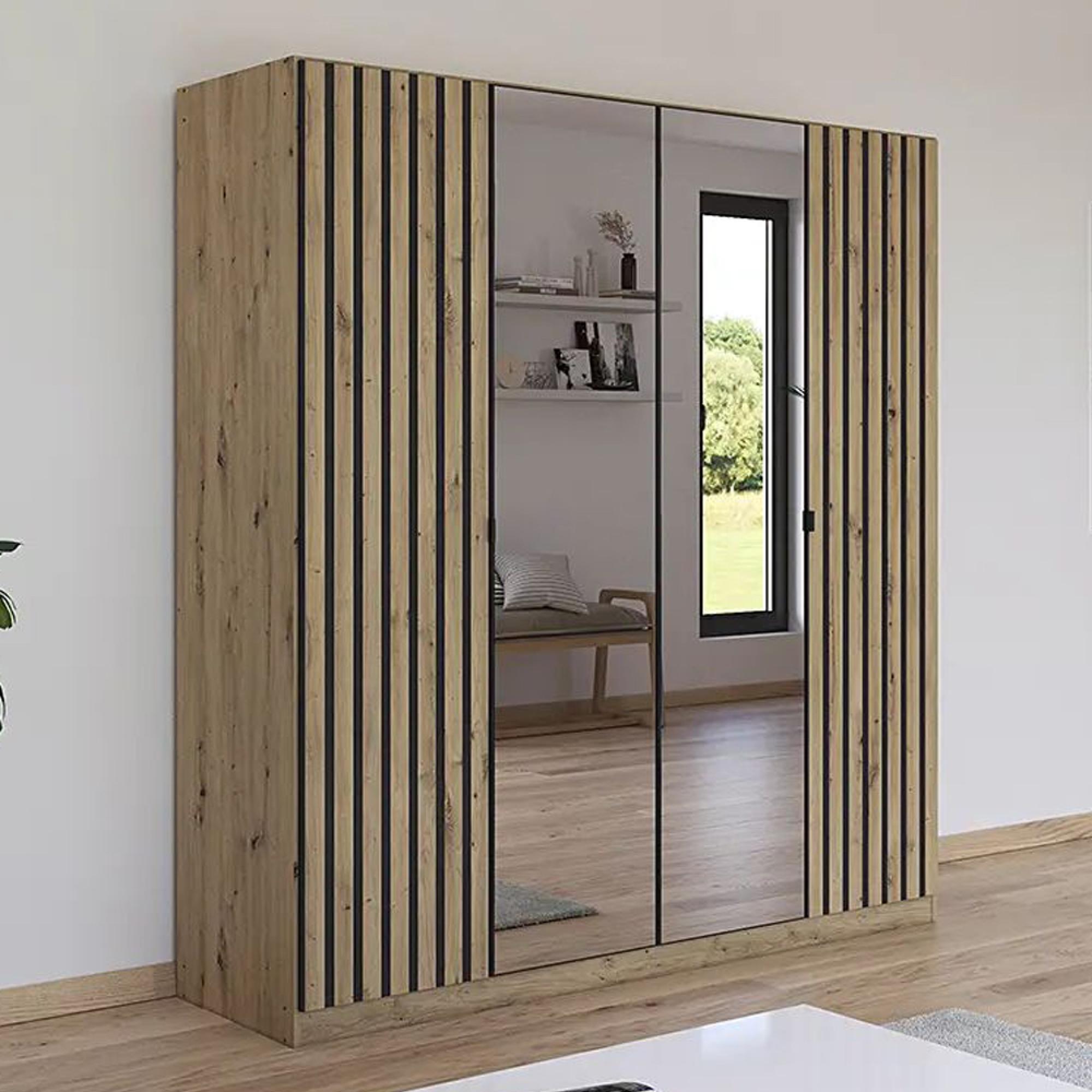 Genua Mirror Wardrobe - 181cm - 4 Door - Artisan Oak & Metallic Dark Grey