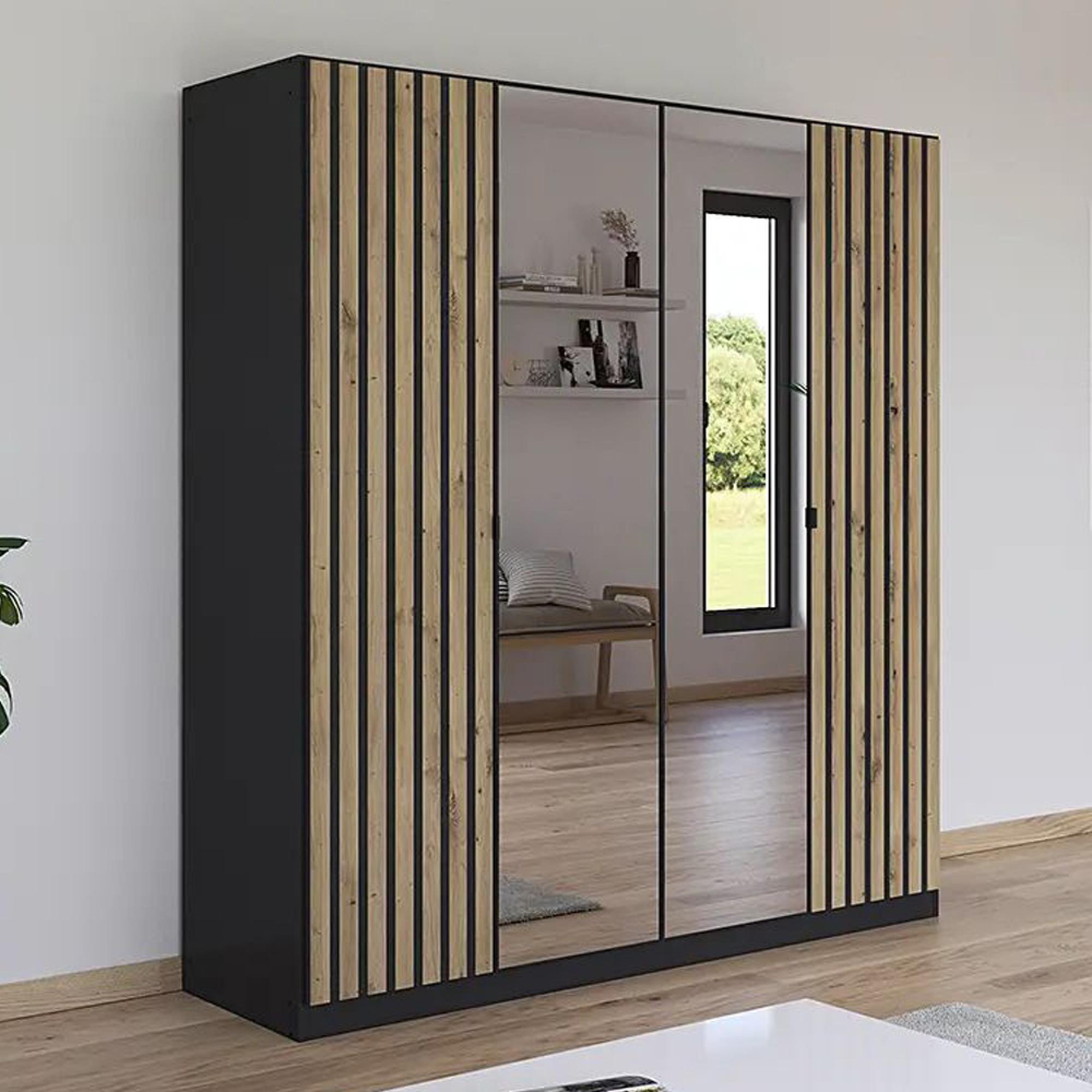 Genua Mirror Wardrobe - 181cm - 4 Door - Metallic Dark Grey with Artisan Oak