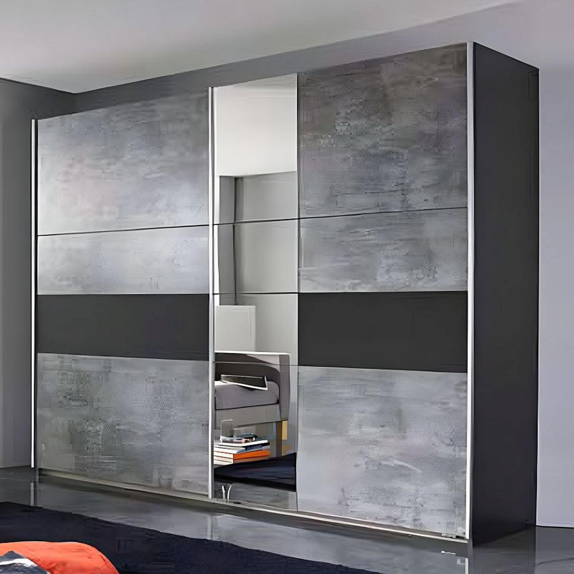 Korbach Sliding Mirror Wardrobe - 261cm - 2 Door - Metallic Dark Grey & Stone Grey