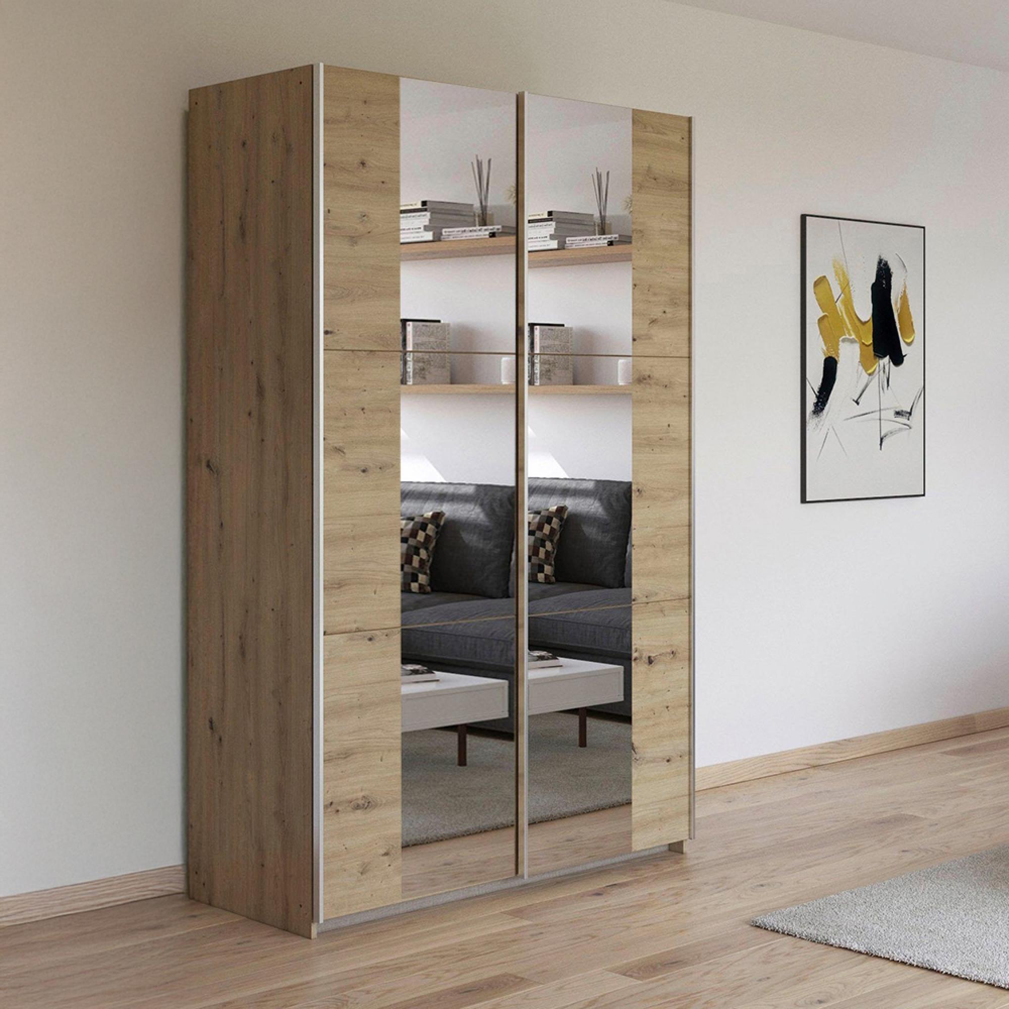 Kronach Mirrored Sliding Wardrobe - 131cm - 2 Door - Artisan Oak