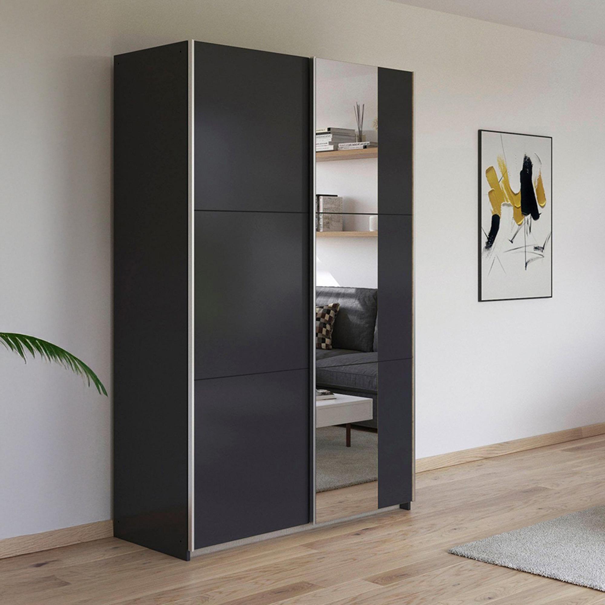 Kronach Sliding Mirror Wardrobe - 131cm - 2 Door - Metallic Dark Grey