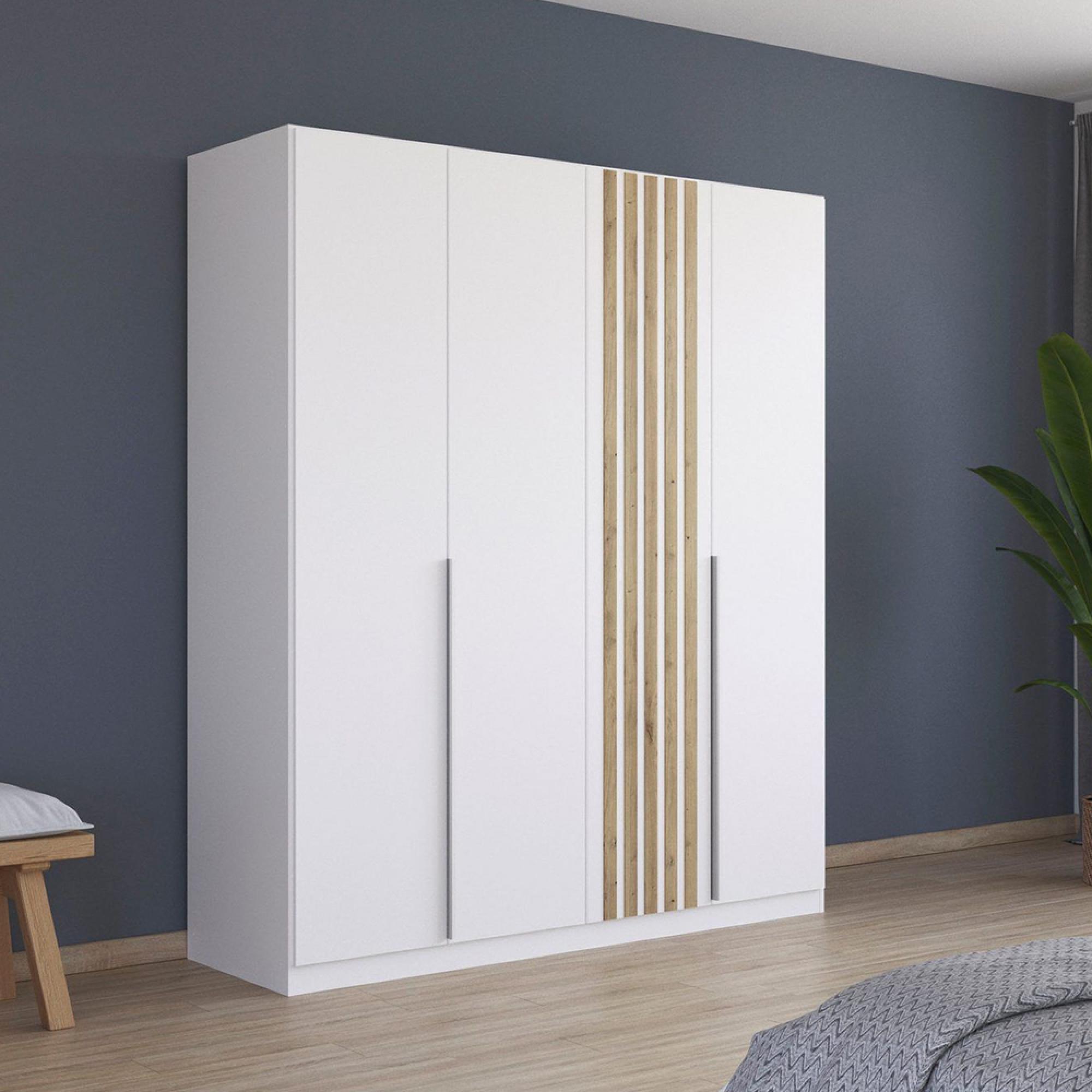 Lamella Wardrobe - 181cm - 4 Door - Alpine White & Artisan Oak