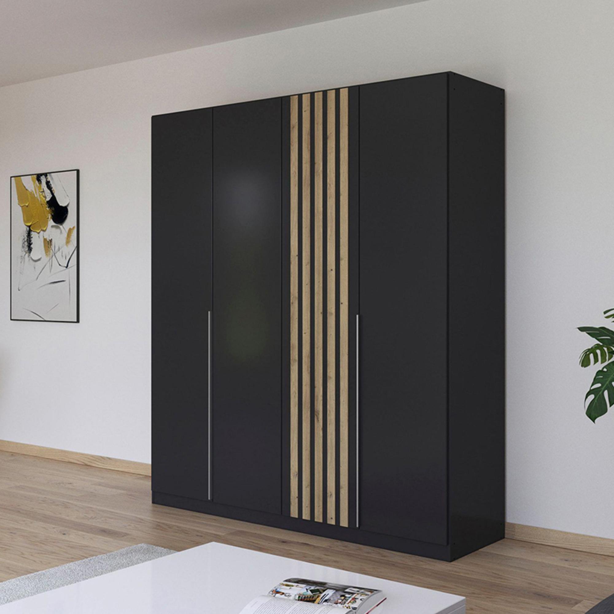 Lamella Wardrobe - 181cm - 4 Door - Metallic Dark Grey & Artisan Oak
