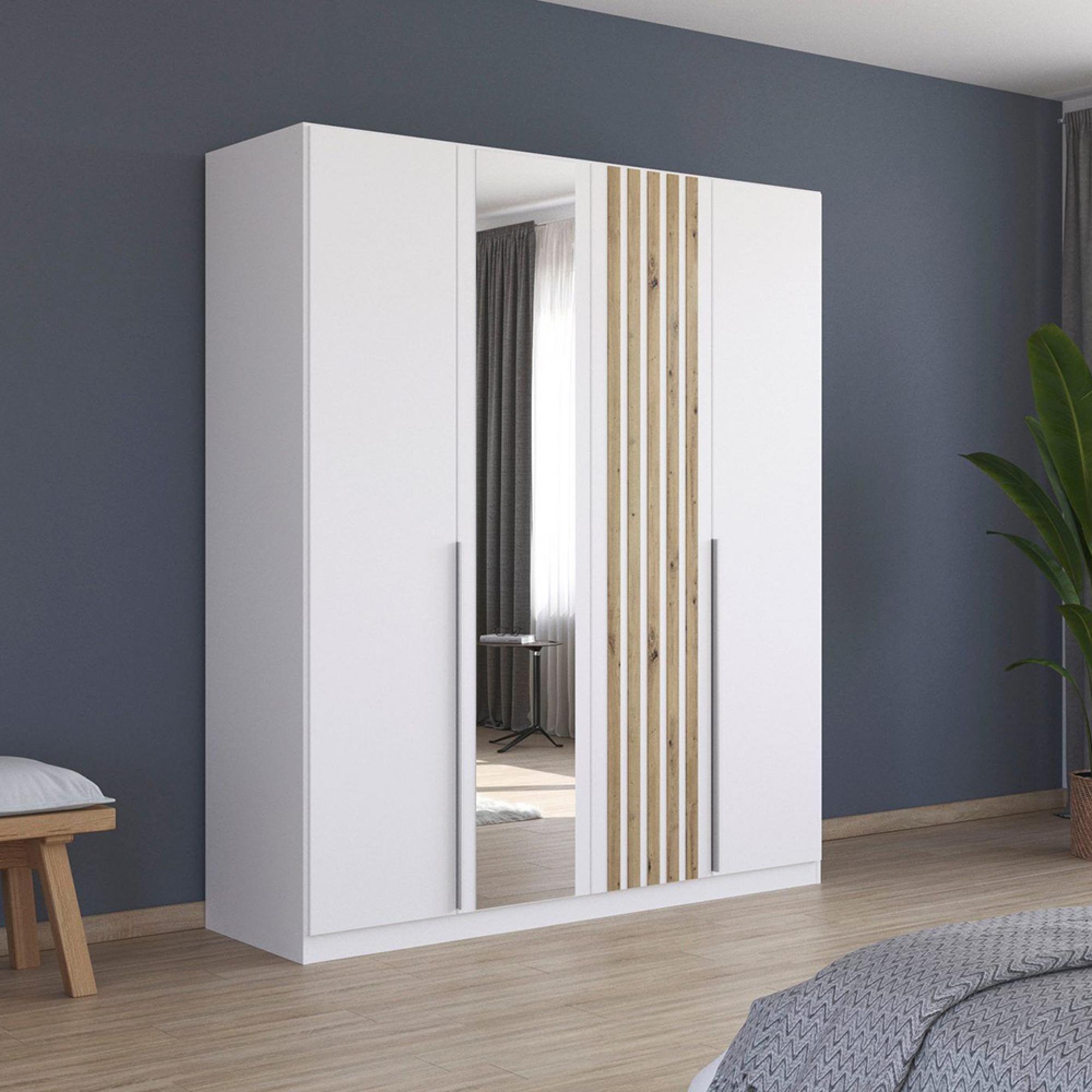 Lamella Mirror Wardrobe - 181cm - 4 Door - Alpine White & Artisan Oak