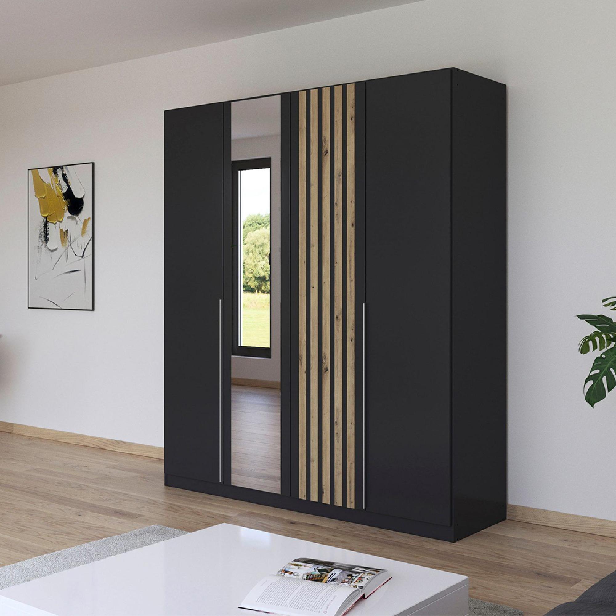 Lamella Mirror Wardrobe - 181cm - 4 Door - Metallic Dark Grey & Artisan Oak